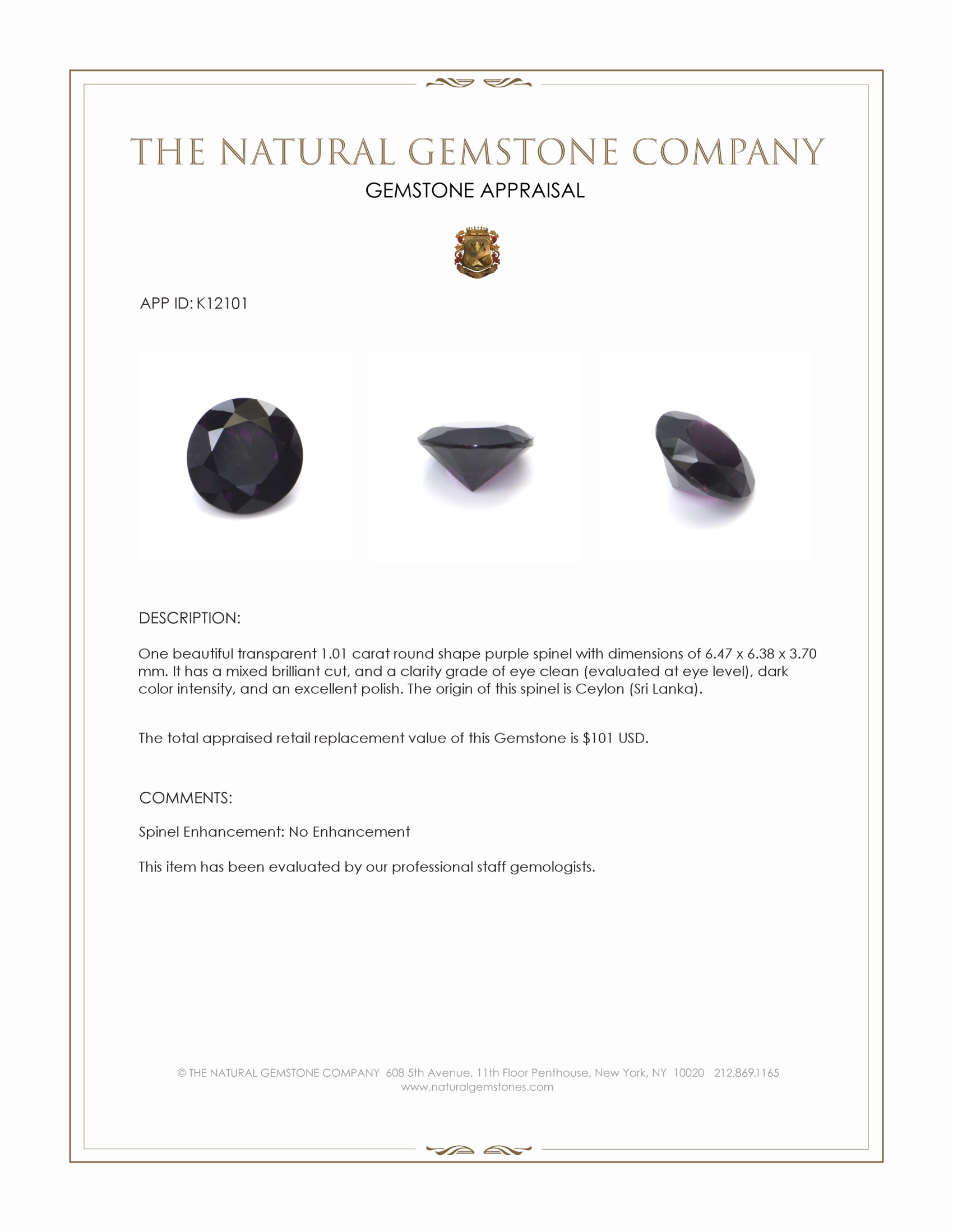 1.01 Ct. Purple Spinel from Ceylon (Sri Lanka)