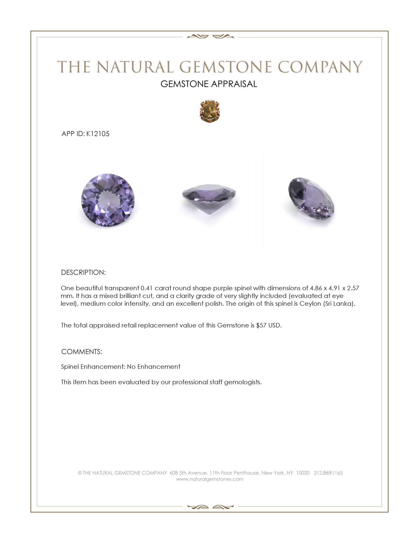 0.41 Ct. Purple Spinel from Ceylon (Sri Lanka)