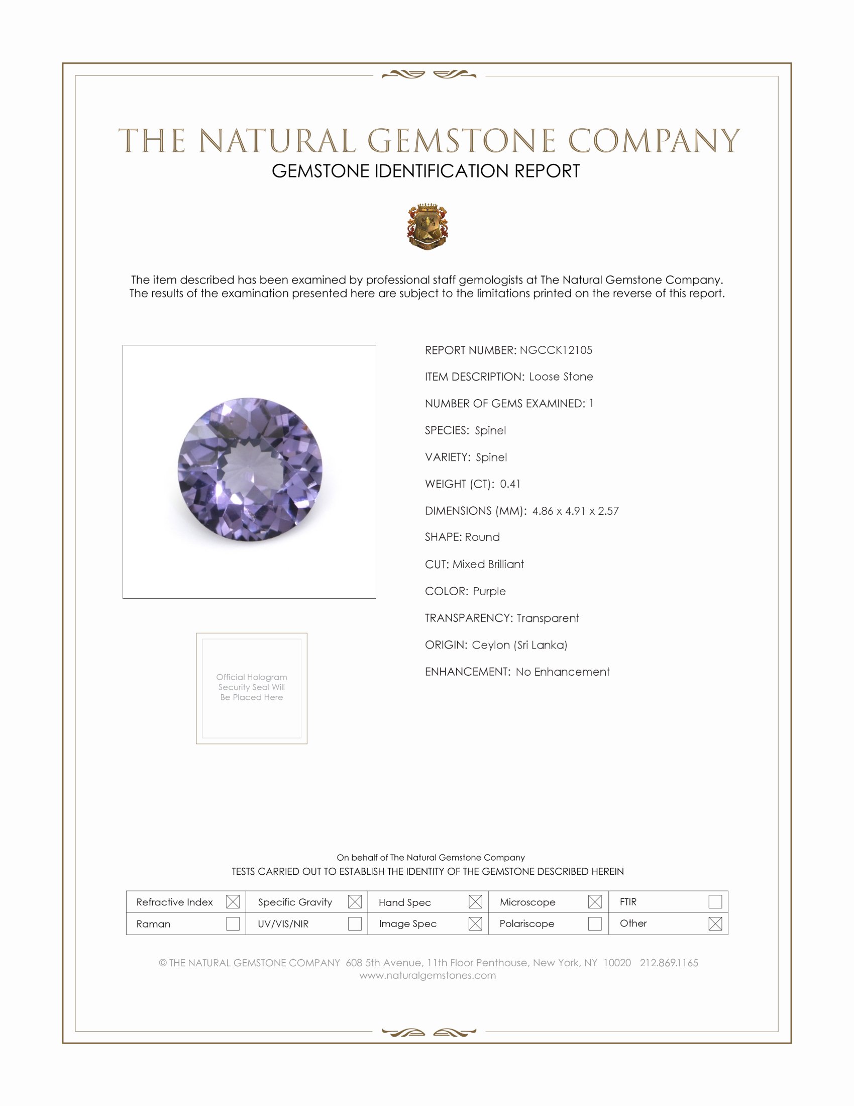 0.41 Ct. Purple Spinel from Ceylon (Sri Lanka)