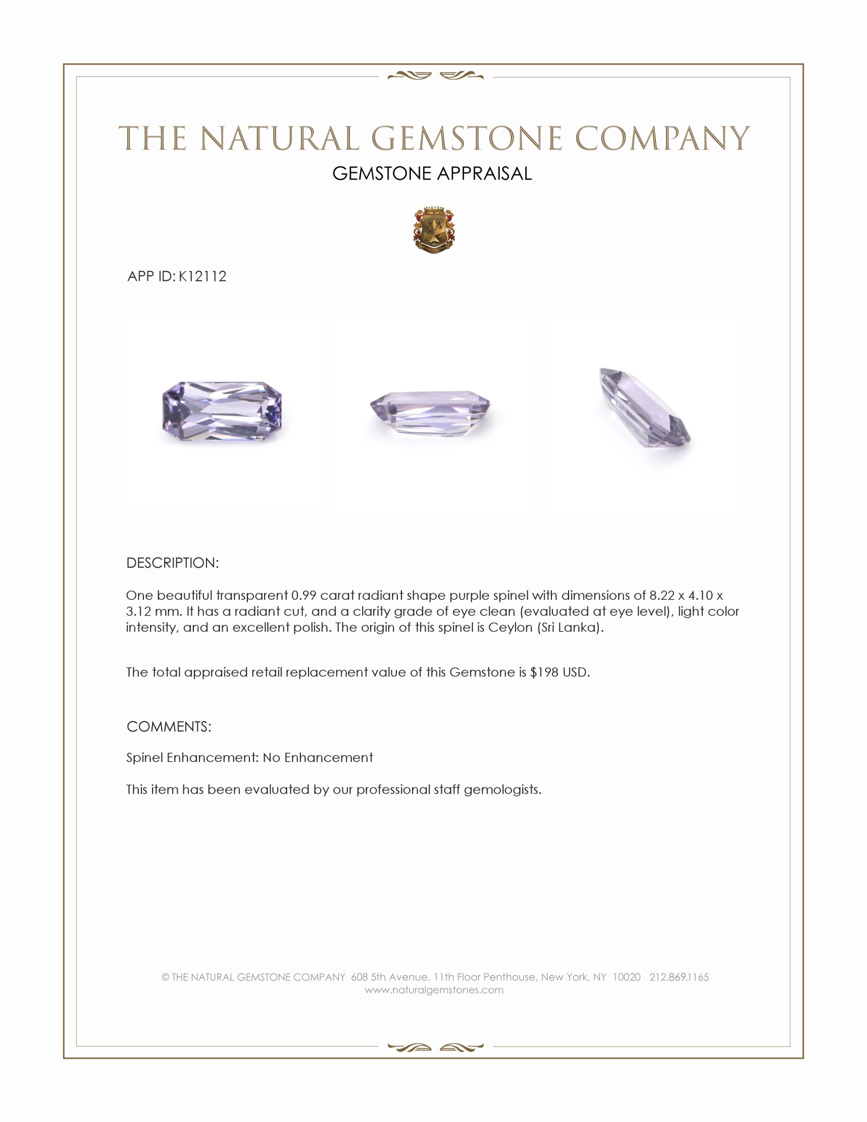 0.99 Ct. Purple Spinel from Ceylon (Sri Lanka)