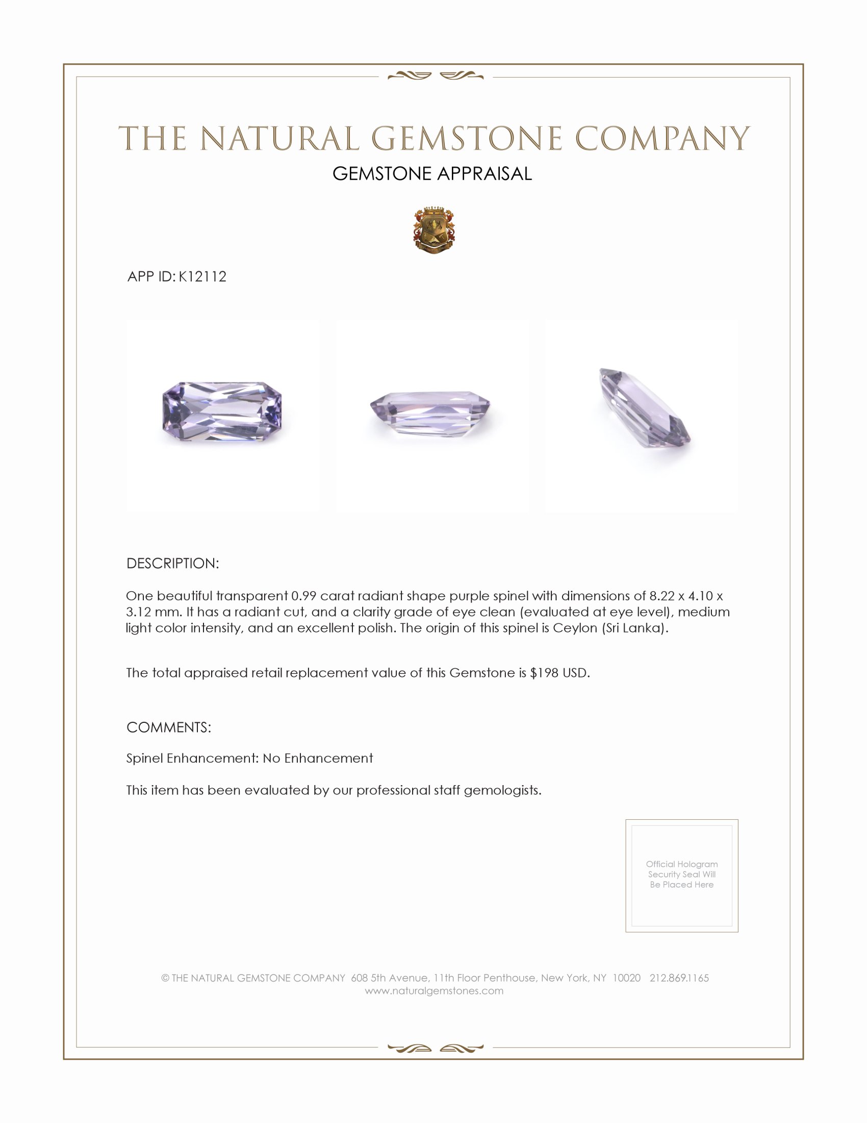 0.99 Ct. Spinel from Ceylon (Sri Lanka)