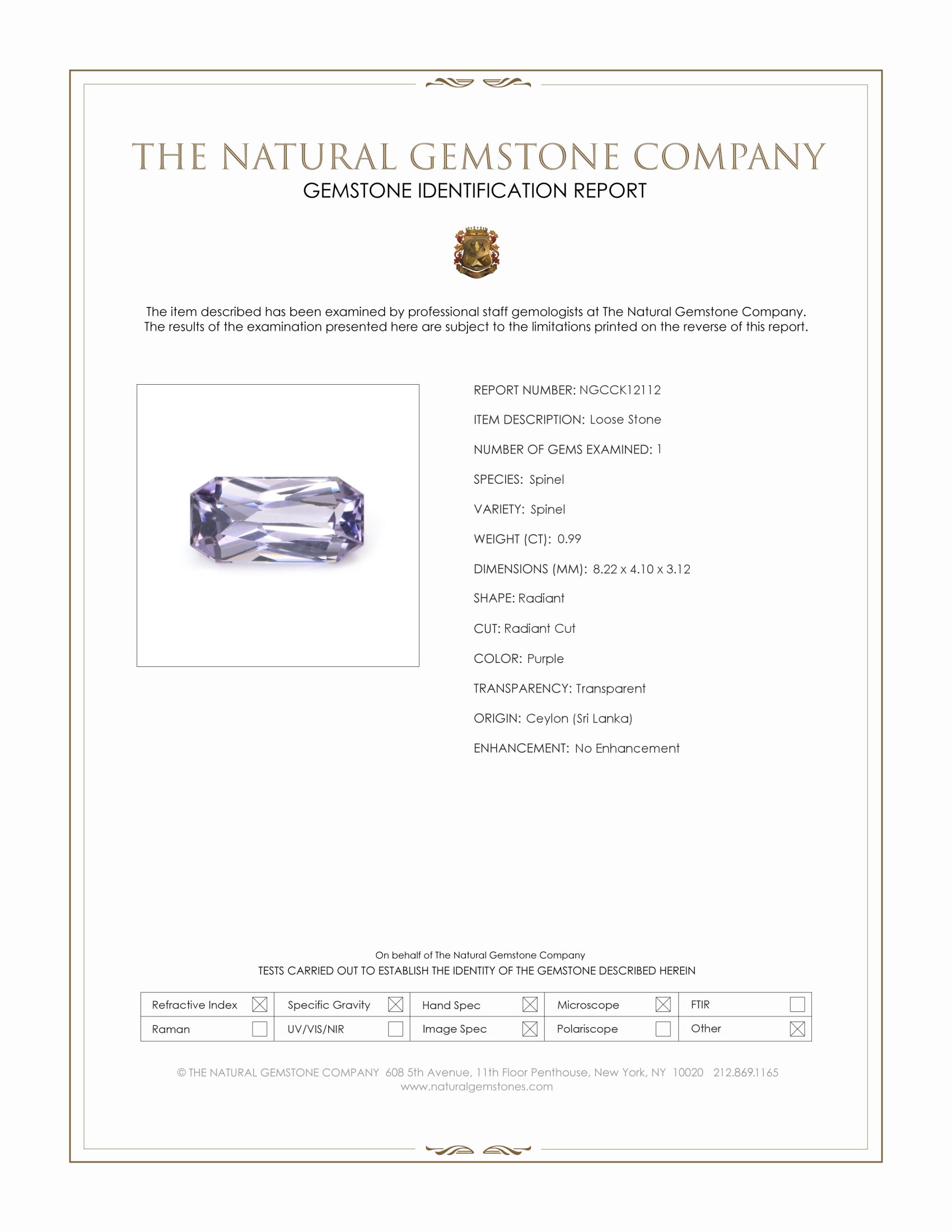 0.99 Ct. Purple Spinel from Ceylon (Sri Lanka)