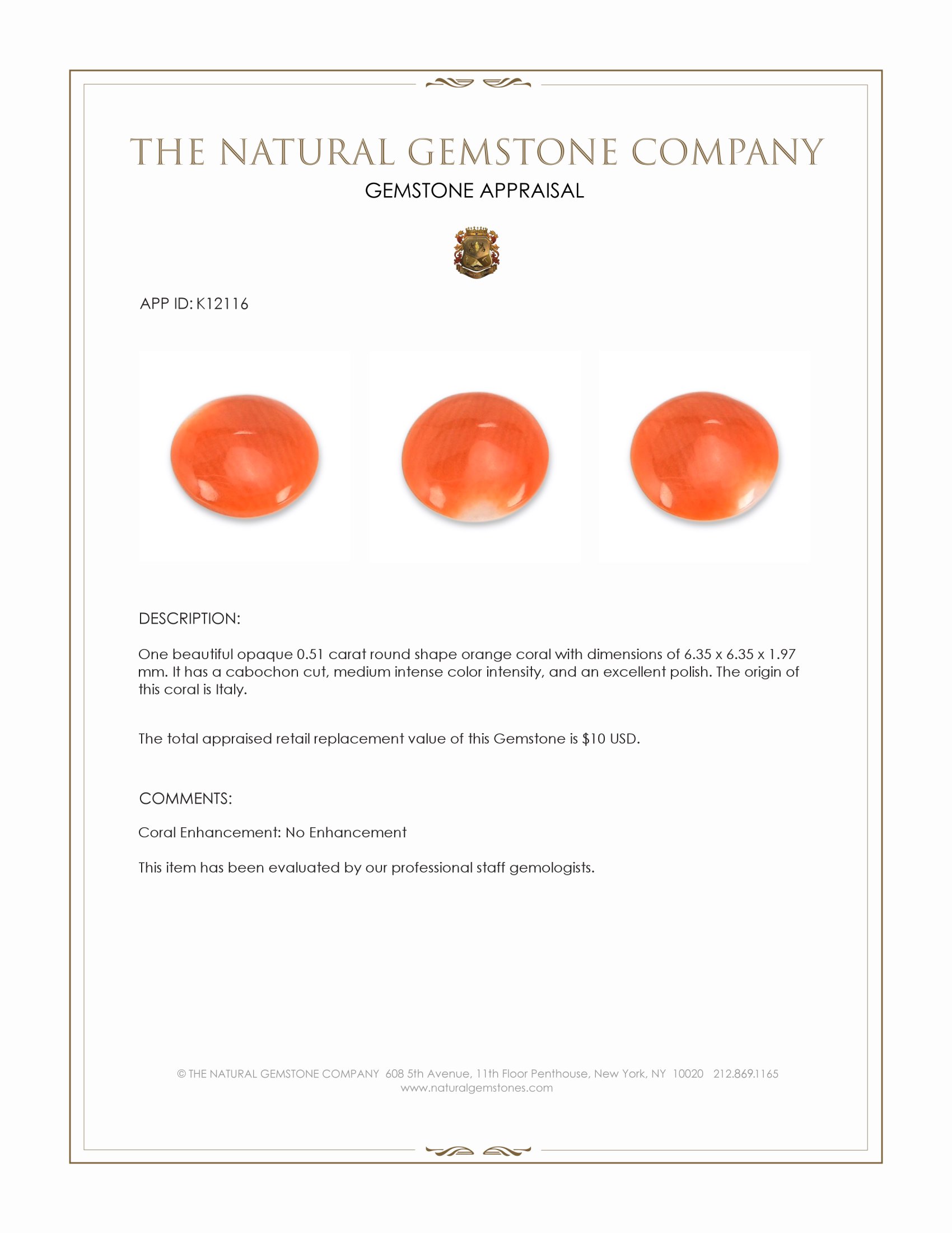 0.51 Ct. Salmon (Orange) Cabochon Coral from Italy