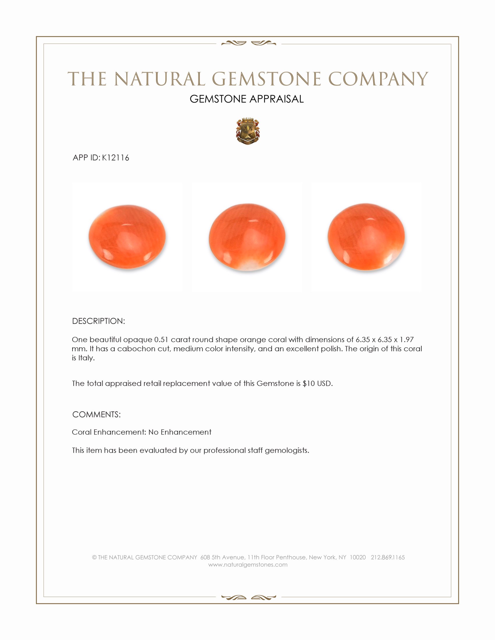 0.51 Ct. Cabochon Coral from Italy