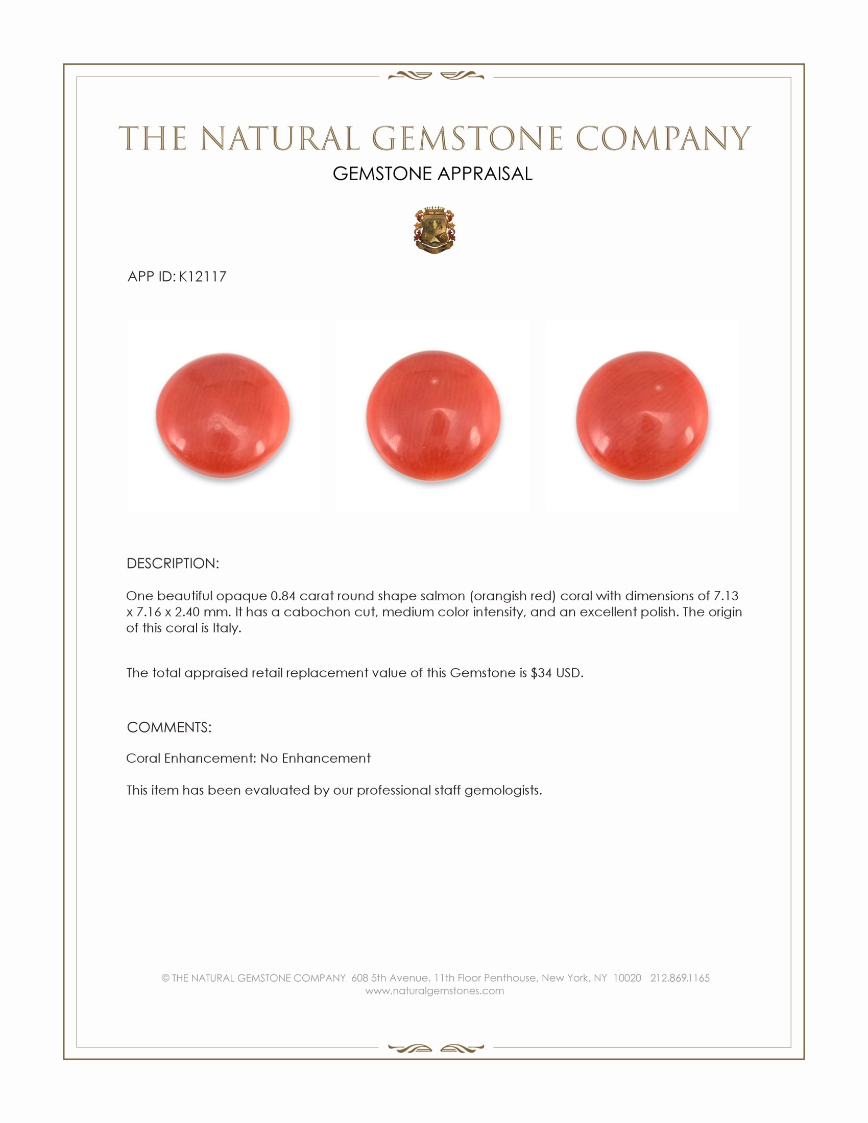 0.84 Ct. Salmon (Orangish Red) Cabochon Coral from Italy