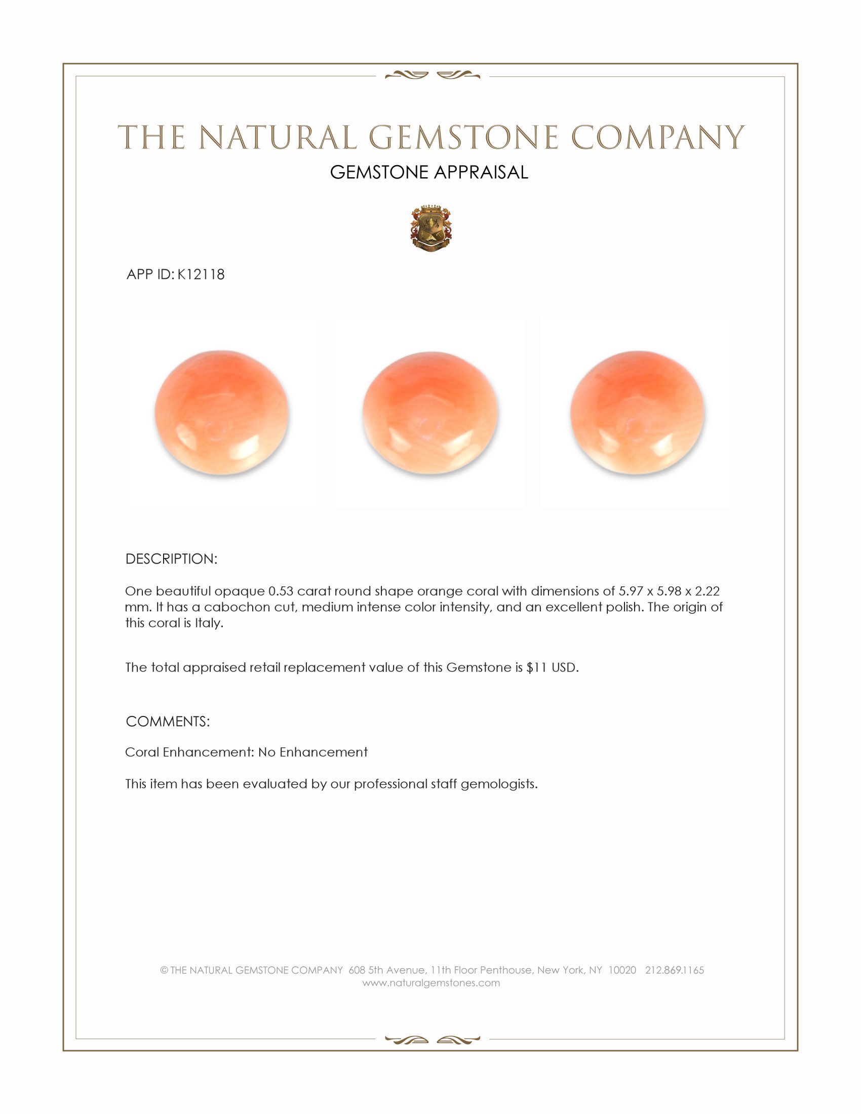0.63 Ct. Angel Skin (Peach) Cabochon Coral from Italy
