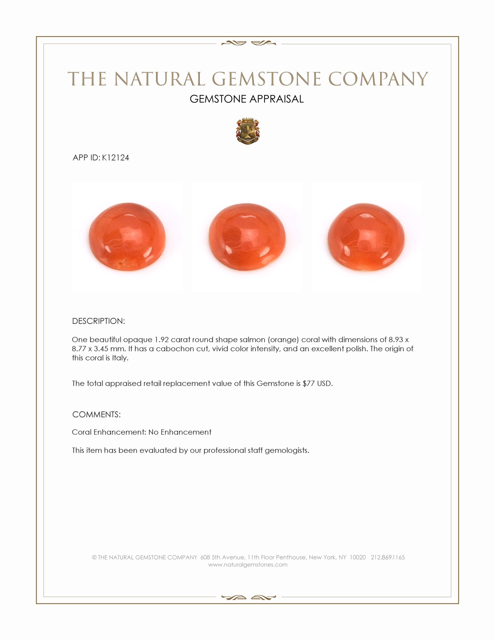 1.92 Ct. Salmon (Orange) Cabochon Coral from Italy