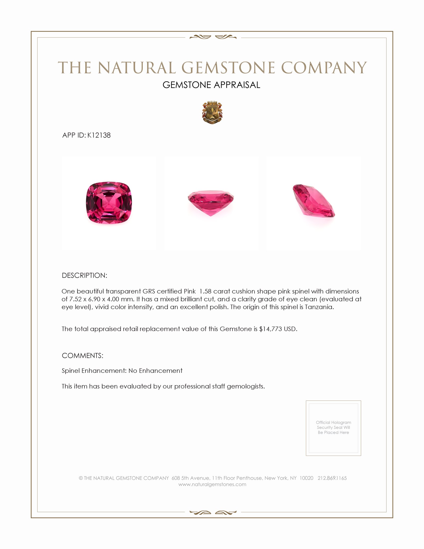 1.58 Ct. Spinel from Tanzania