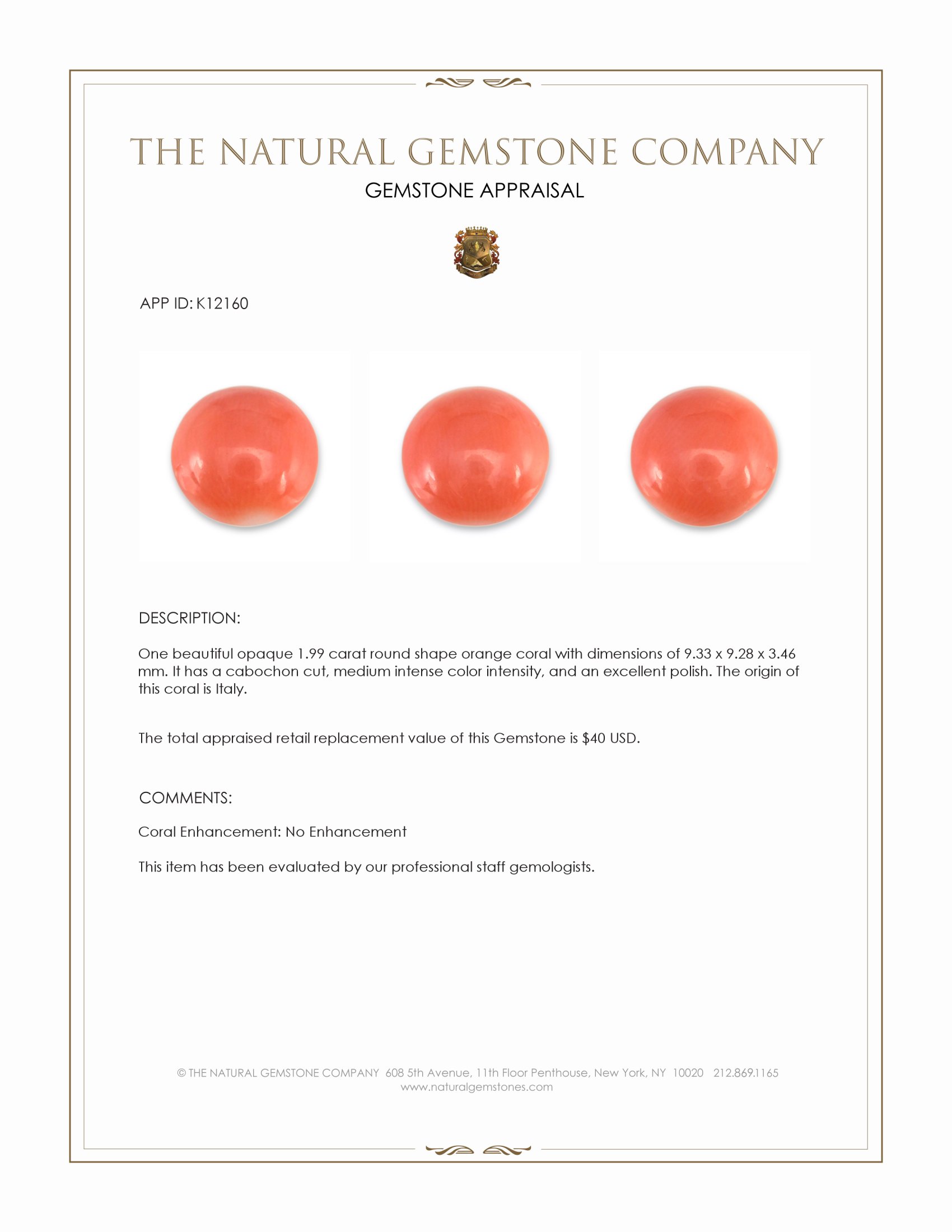 1.99 Ct. Cabochon Coral from Italy