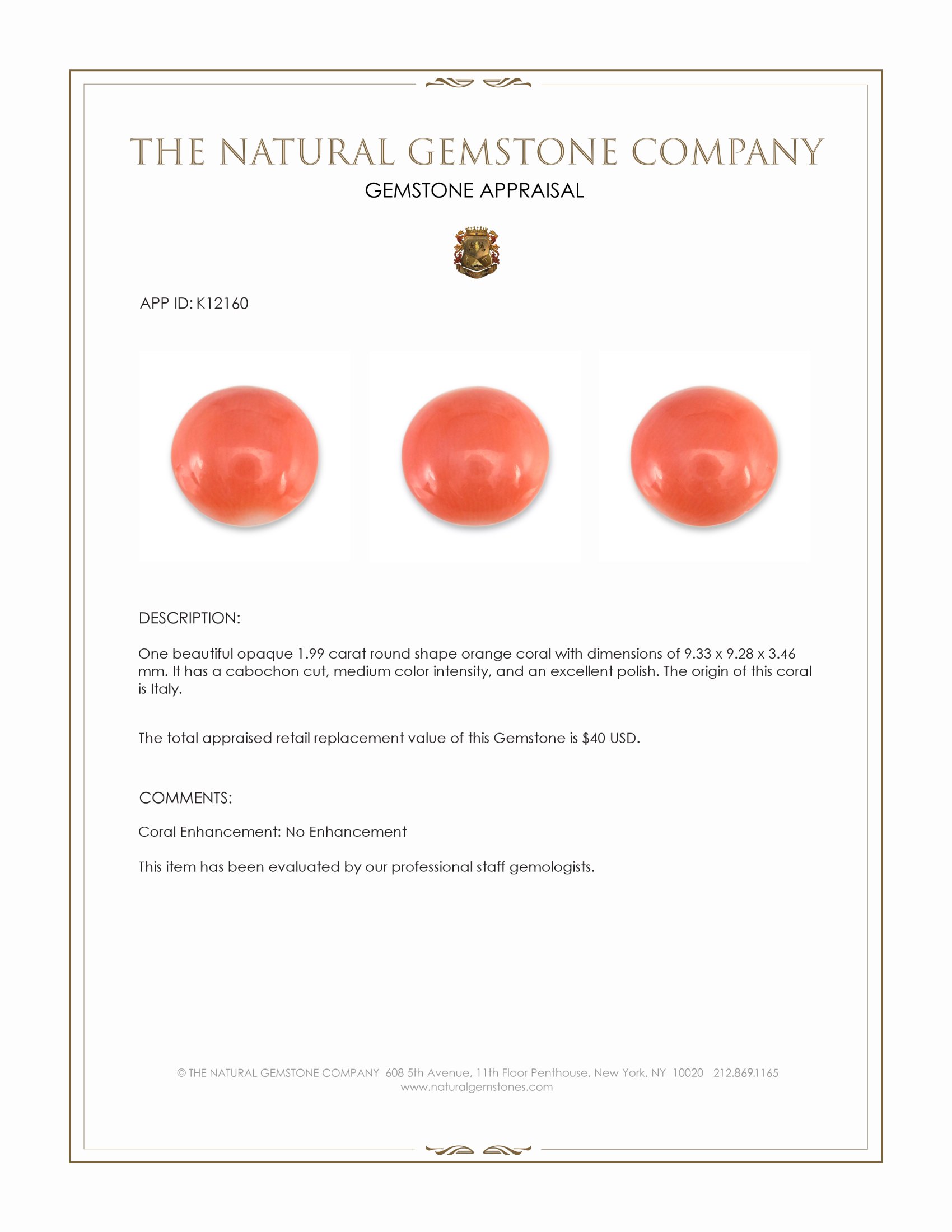 1.99 Ct. Cabochon Coral from Italy