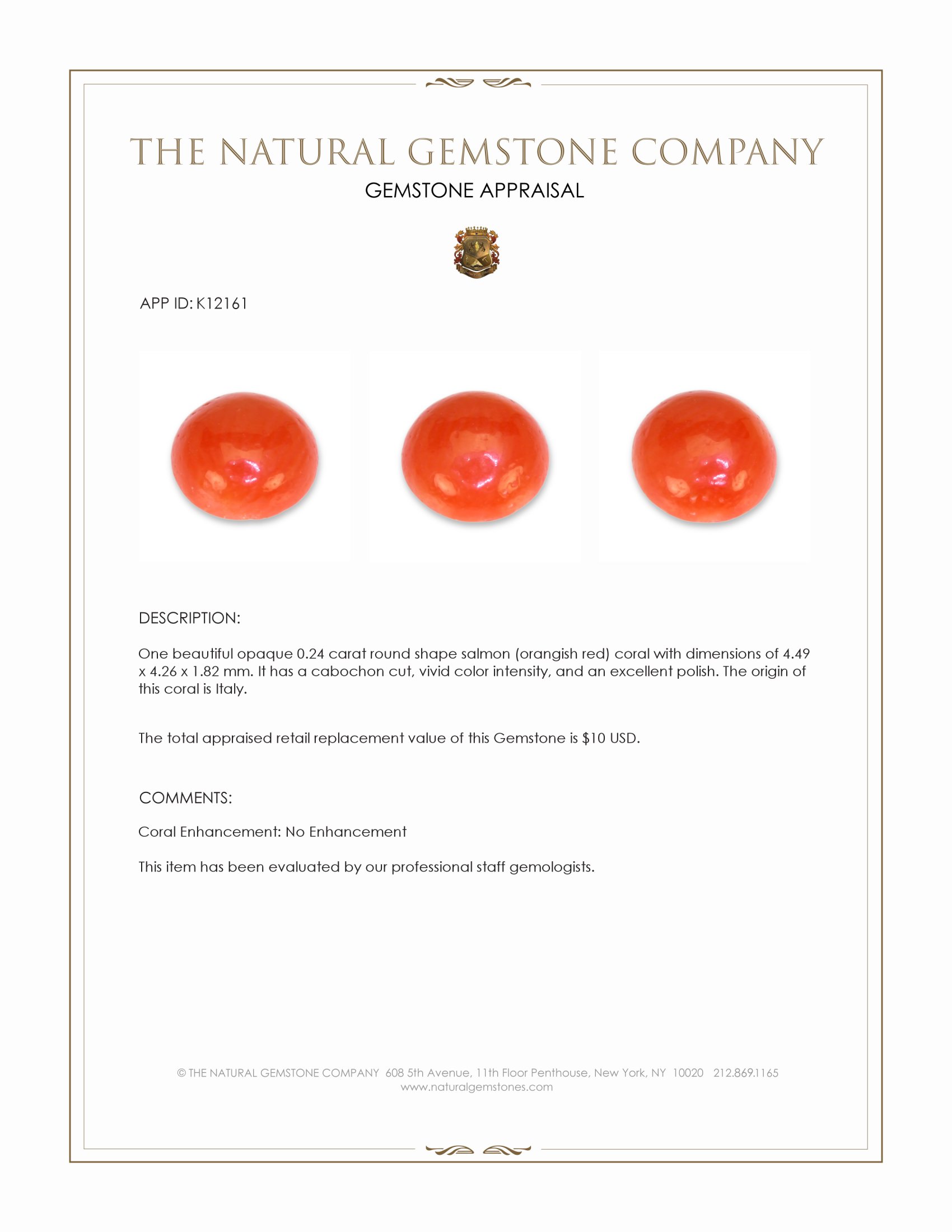 0.24 Ct. Salmon (Orangish Red) Cabochon Coral from Italy