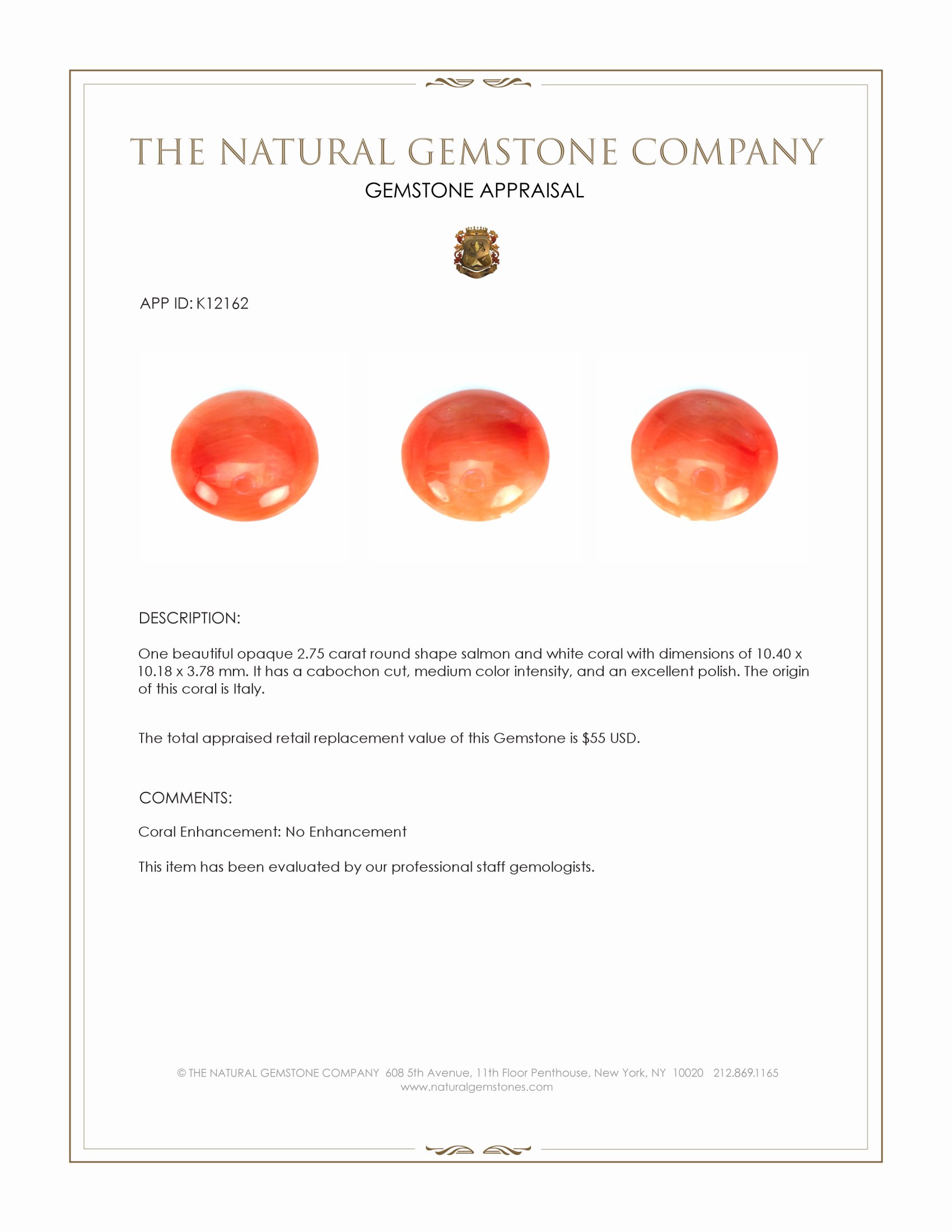 2.75 Ct. Salmon and White Cabochon Coral from Italy