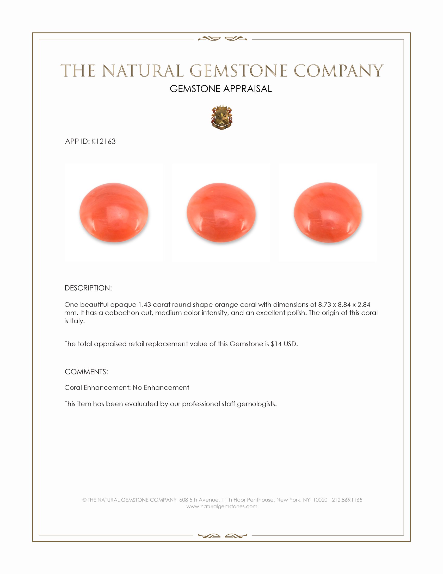 1.43 Ct. Salmon (Orange) Cabochon Coral from Italy