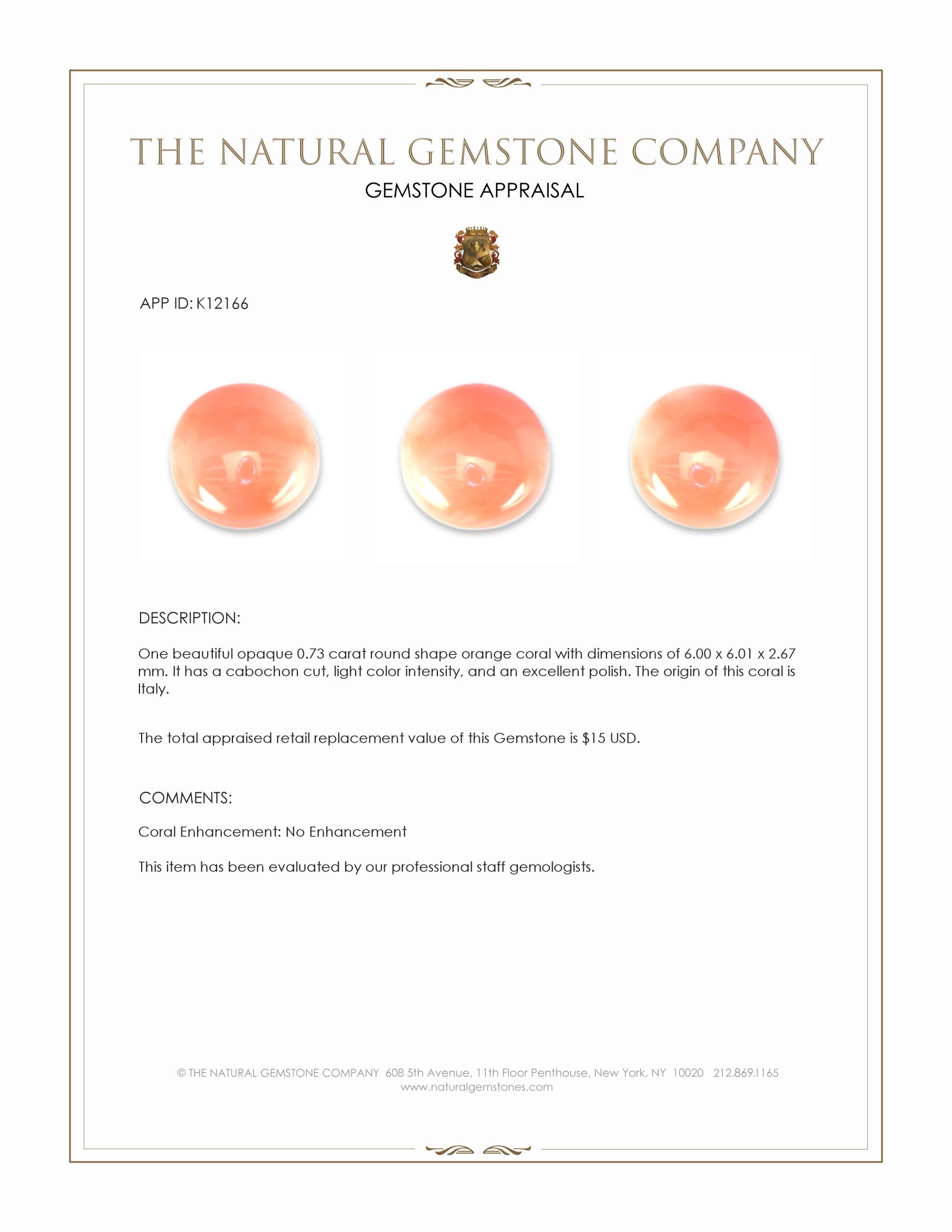 0.73 Ct. Cabochon Coral from Italy