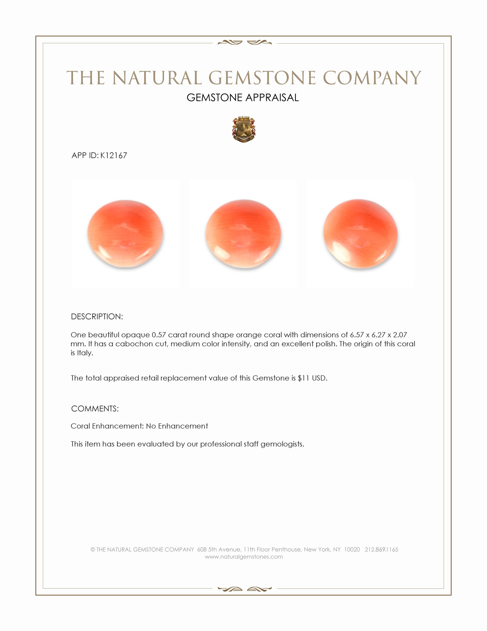 0.58 Ct. Angel Skin (Peach) Cabochon Coral from Italy
