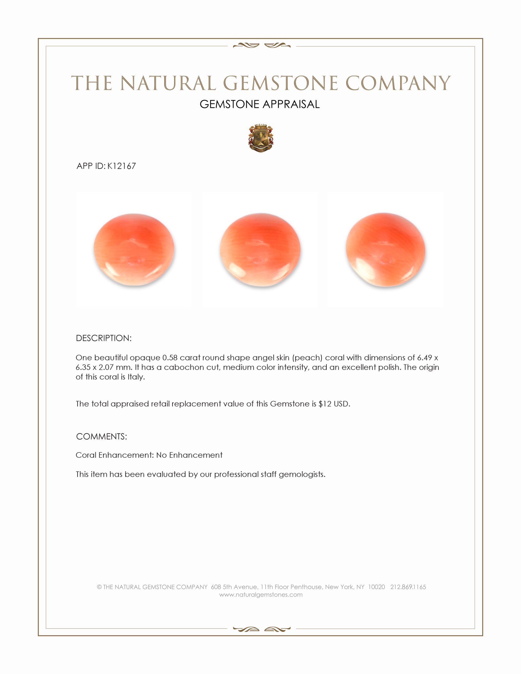 0.58 Ct. Angel Skin (Peach) Cabochon Coral from Italy
