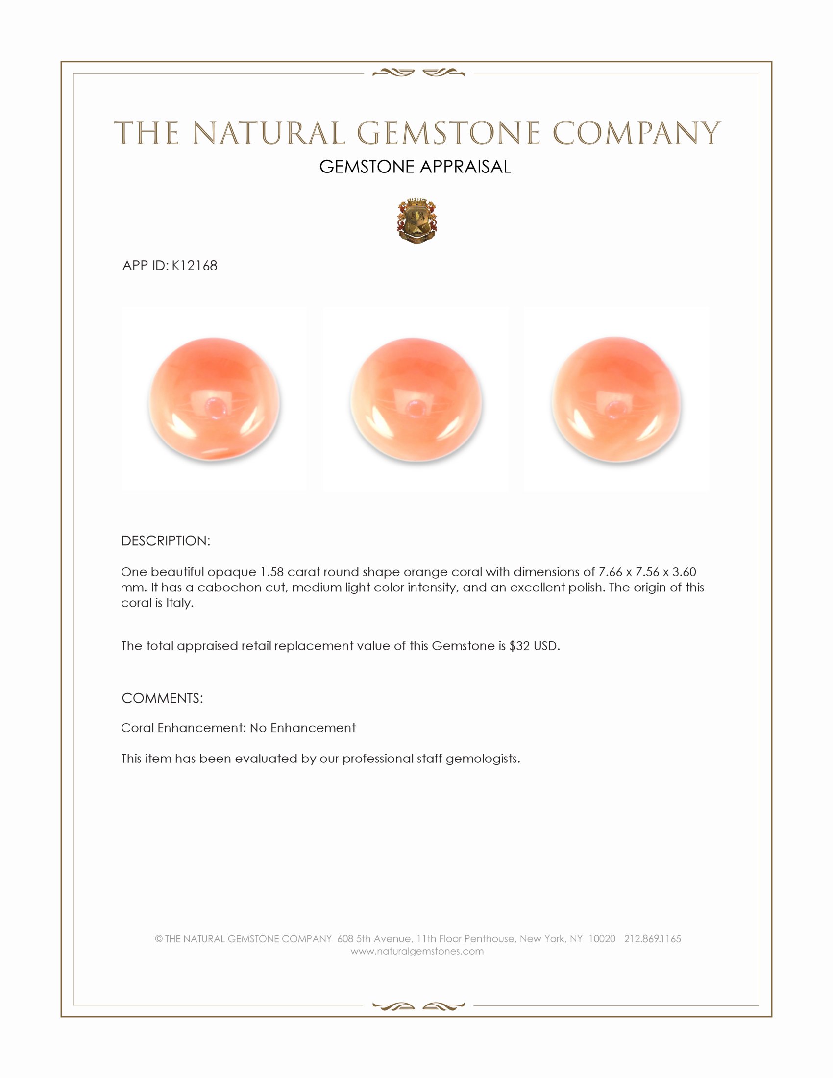 1.58 Ct. Cabochon Coral from Italy