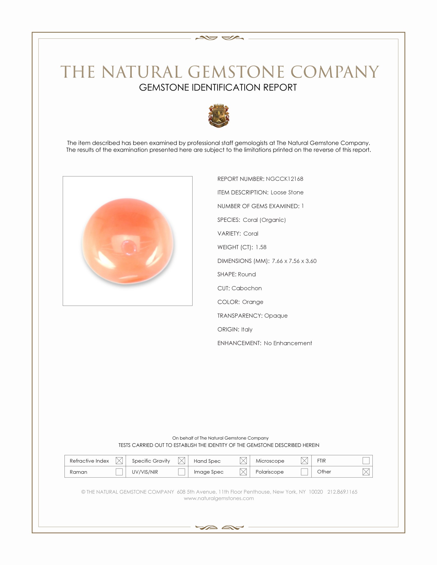 1.58 Ct. Angel Skin (Peach) Cabochon Coral from Italy