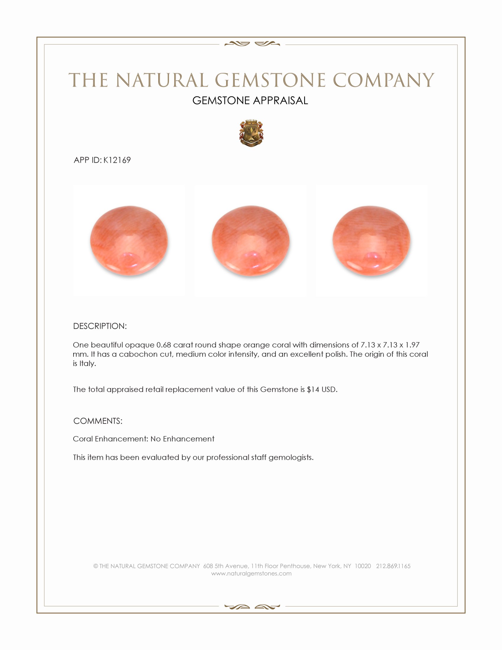 0.68 Ct. Cabochon Coral from Italy