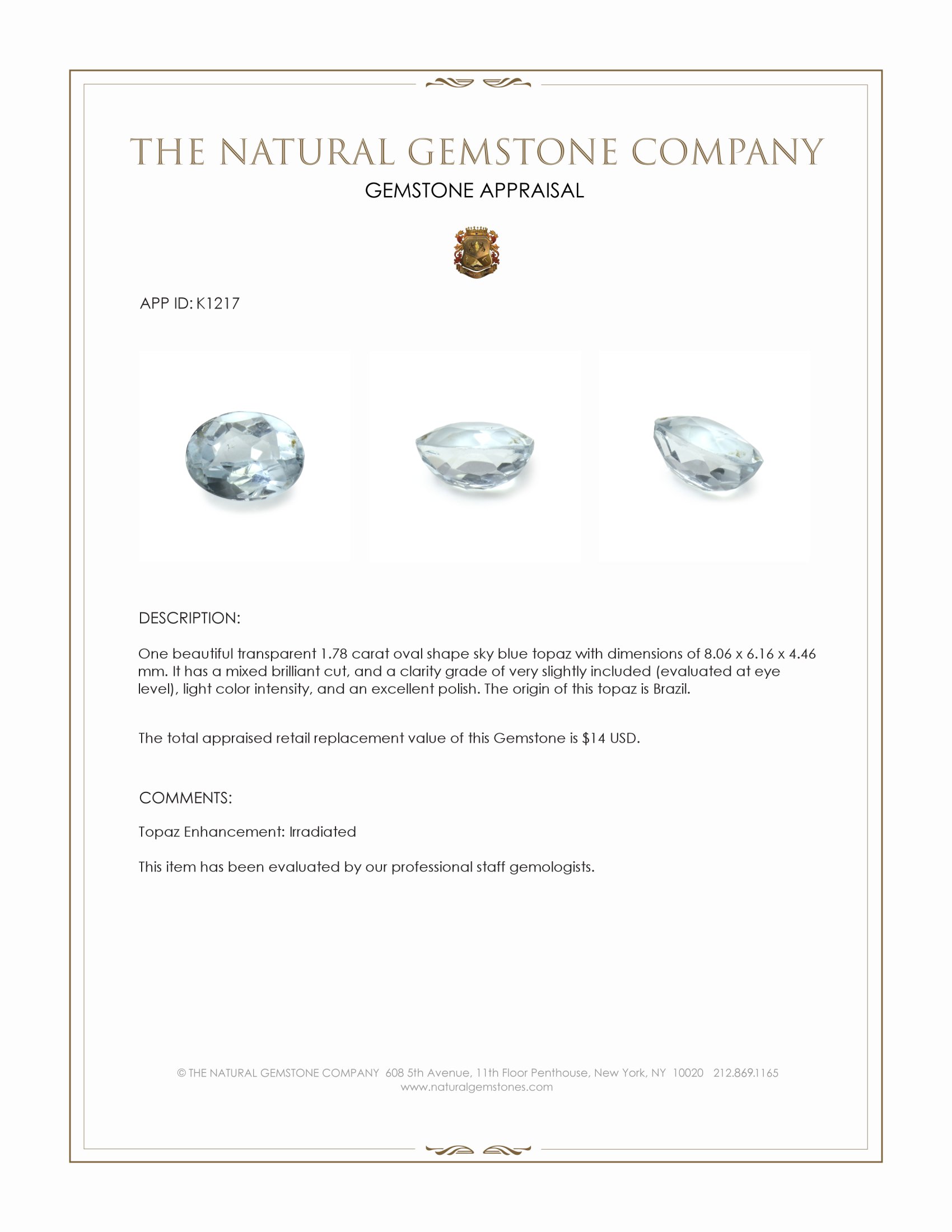 1.78 Ct. Sky Blue Topaz from Brazil