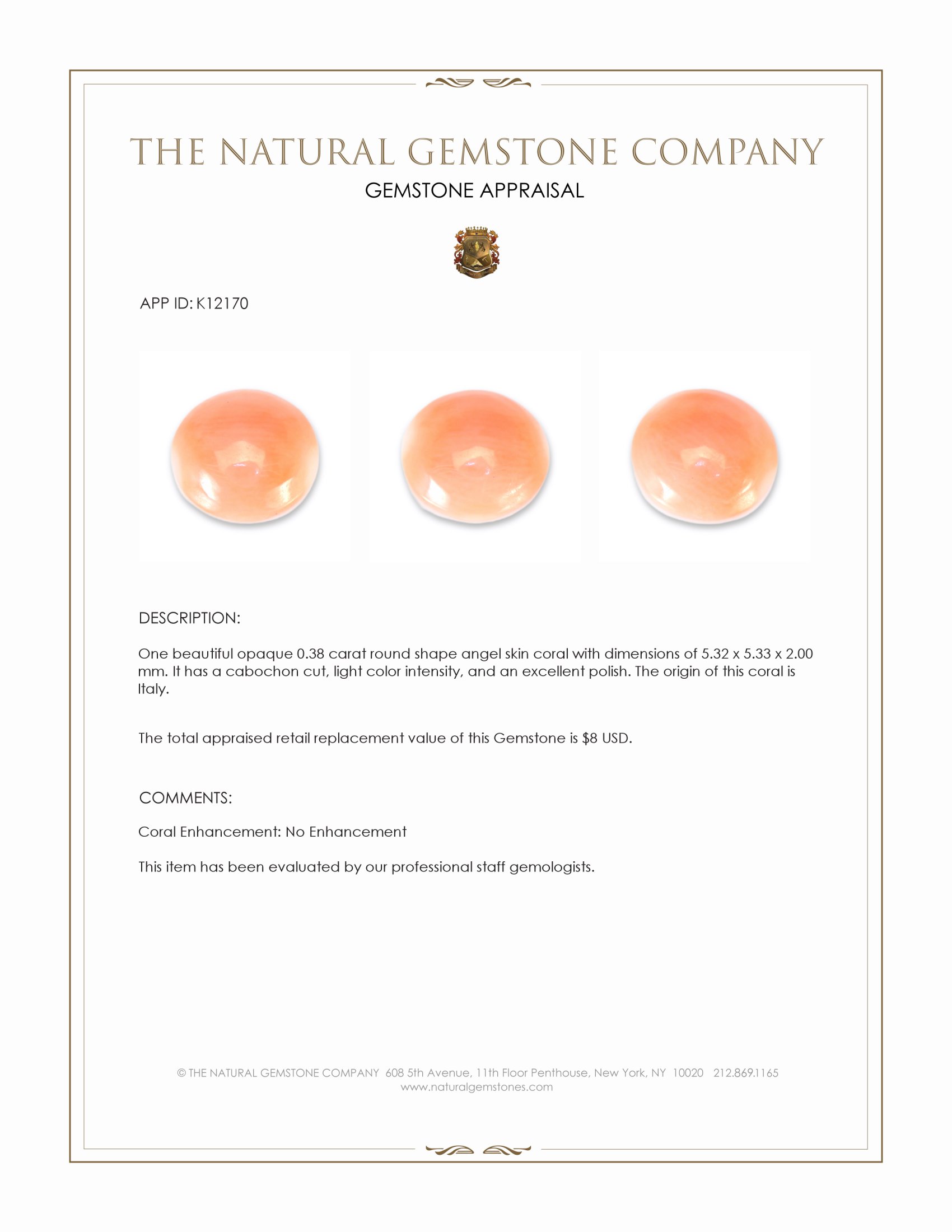 0.38 Ct. Cabochon Coral from Italy