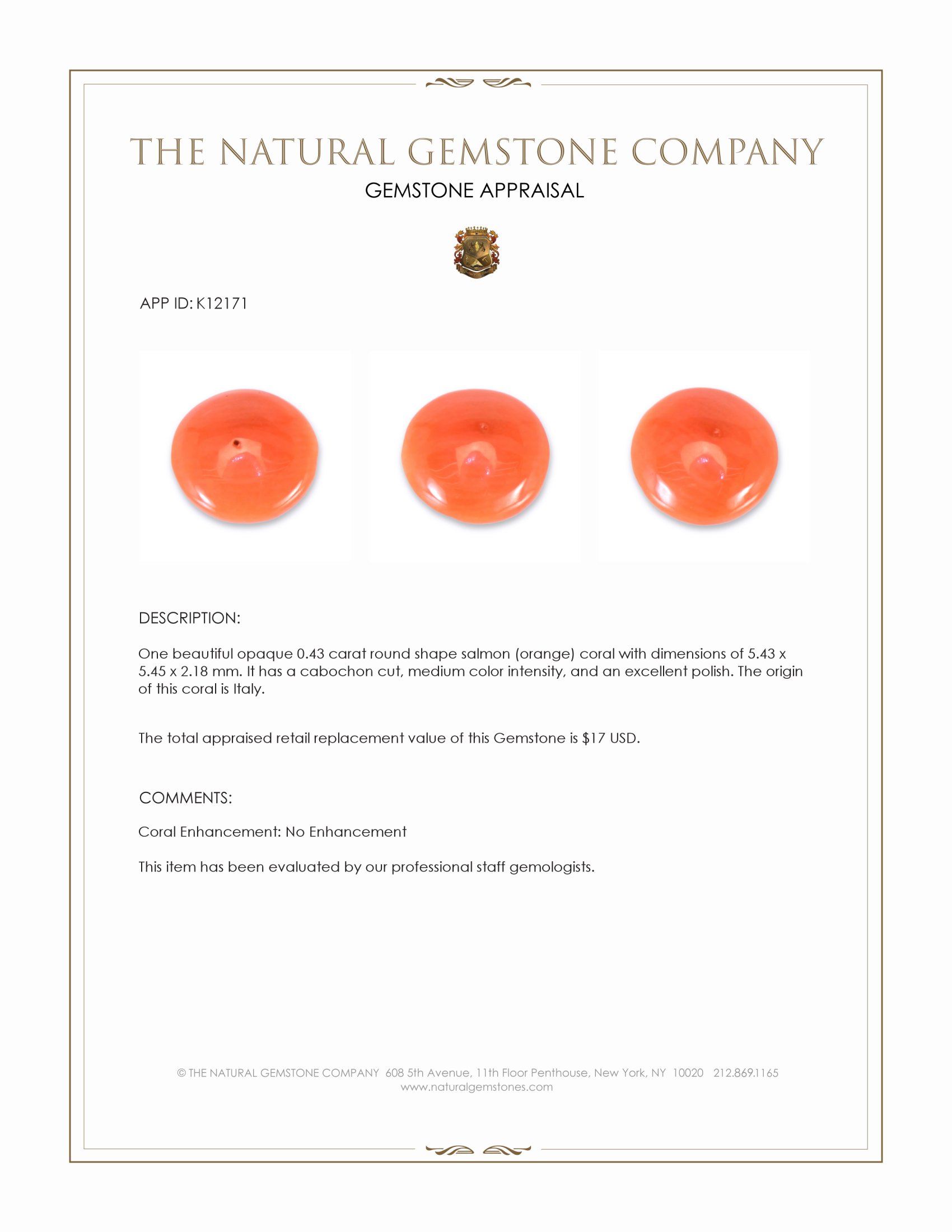0.43 Ct. Salmon (Orange) Cabochon Coral from Italy