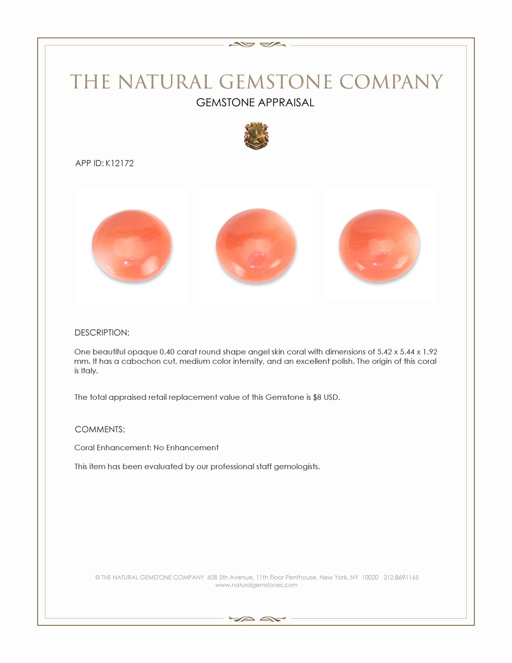 0.40 Ct. Angel Skin (Peach) Cabochon Coral from Italy