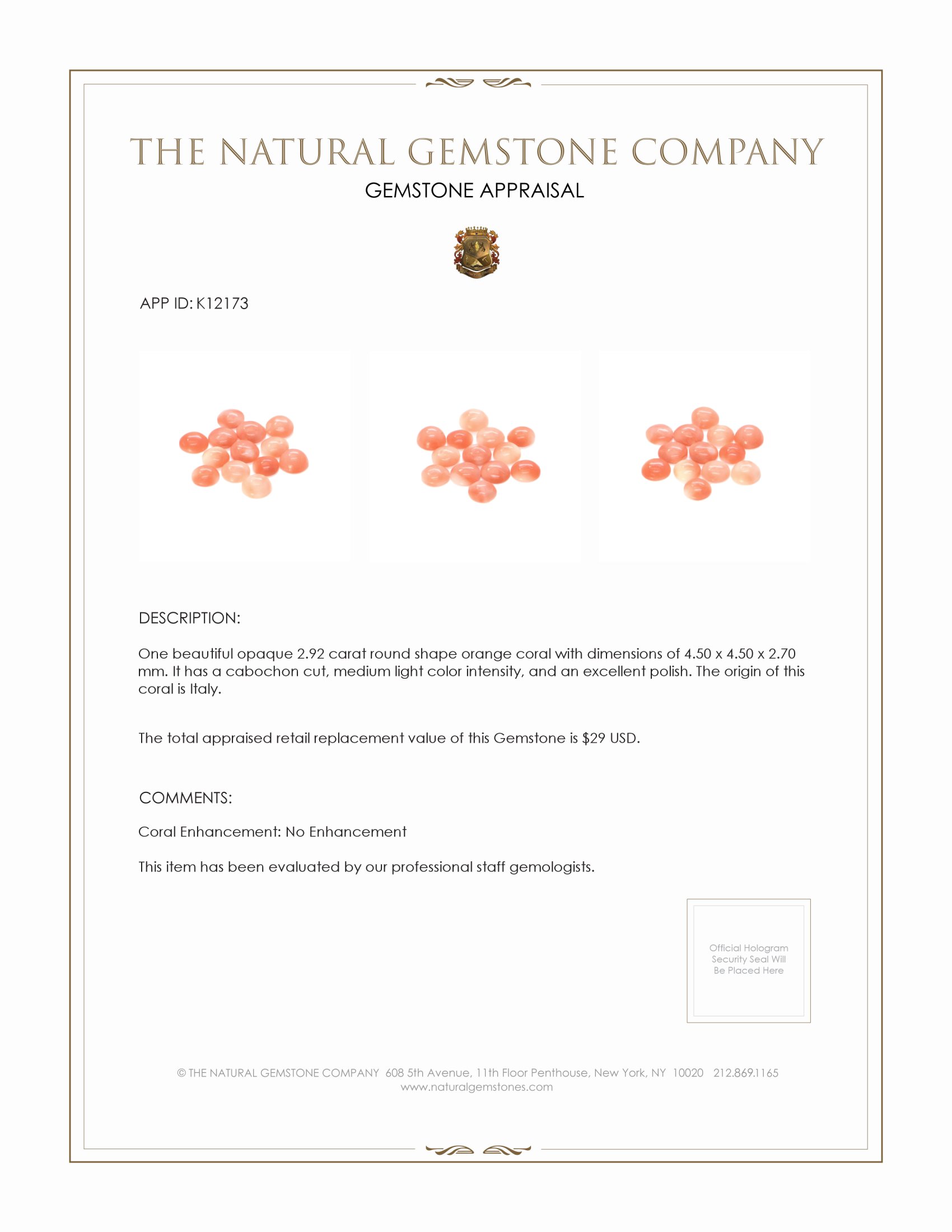 2.92 Ct. Cabochon Coral from Italy