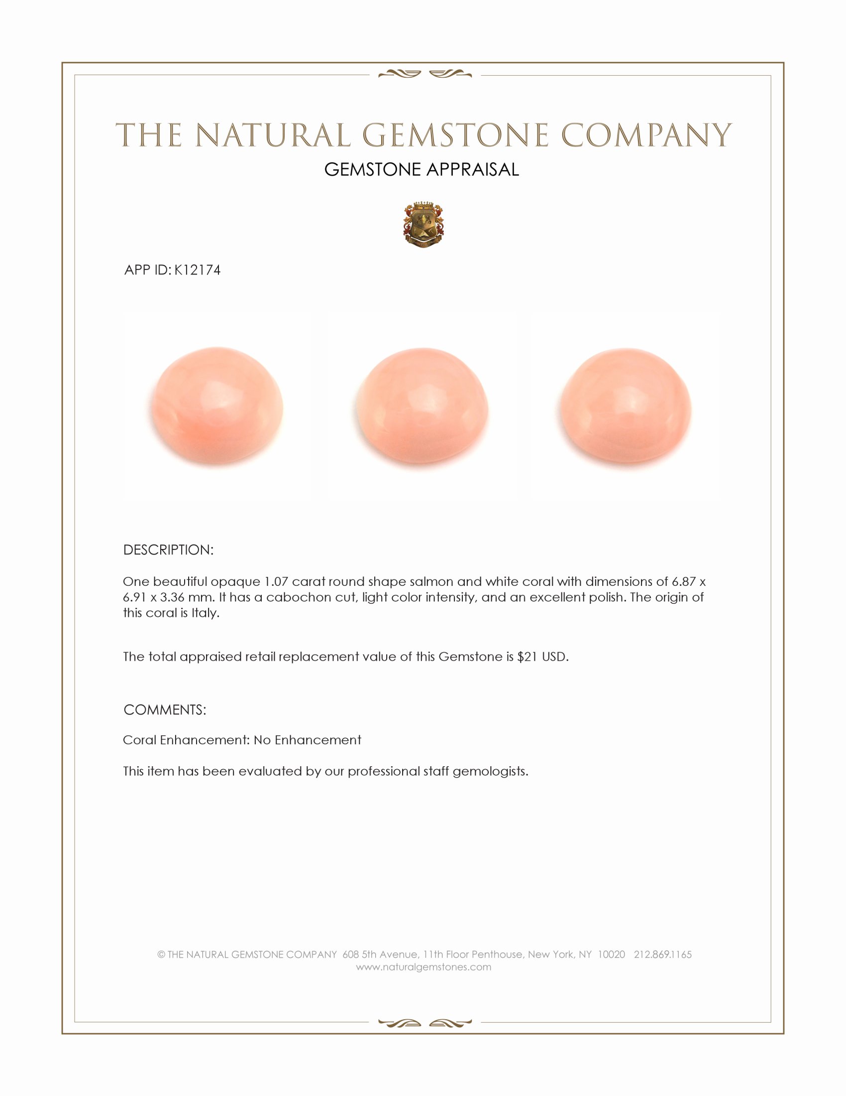 1.07 Ct. Cabochon Coral from Italy