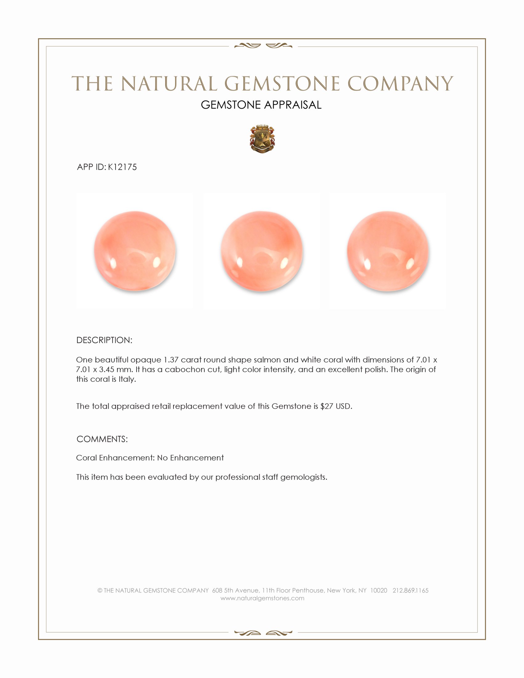 1.37 Ct. Cabochon Coral from Italy