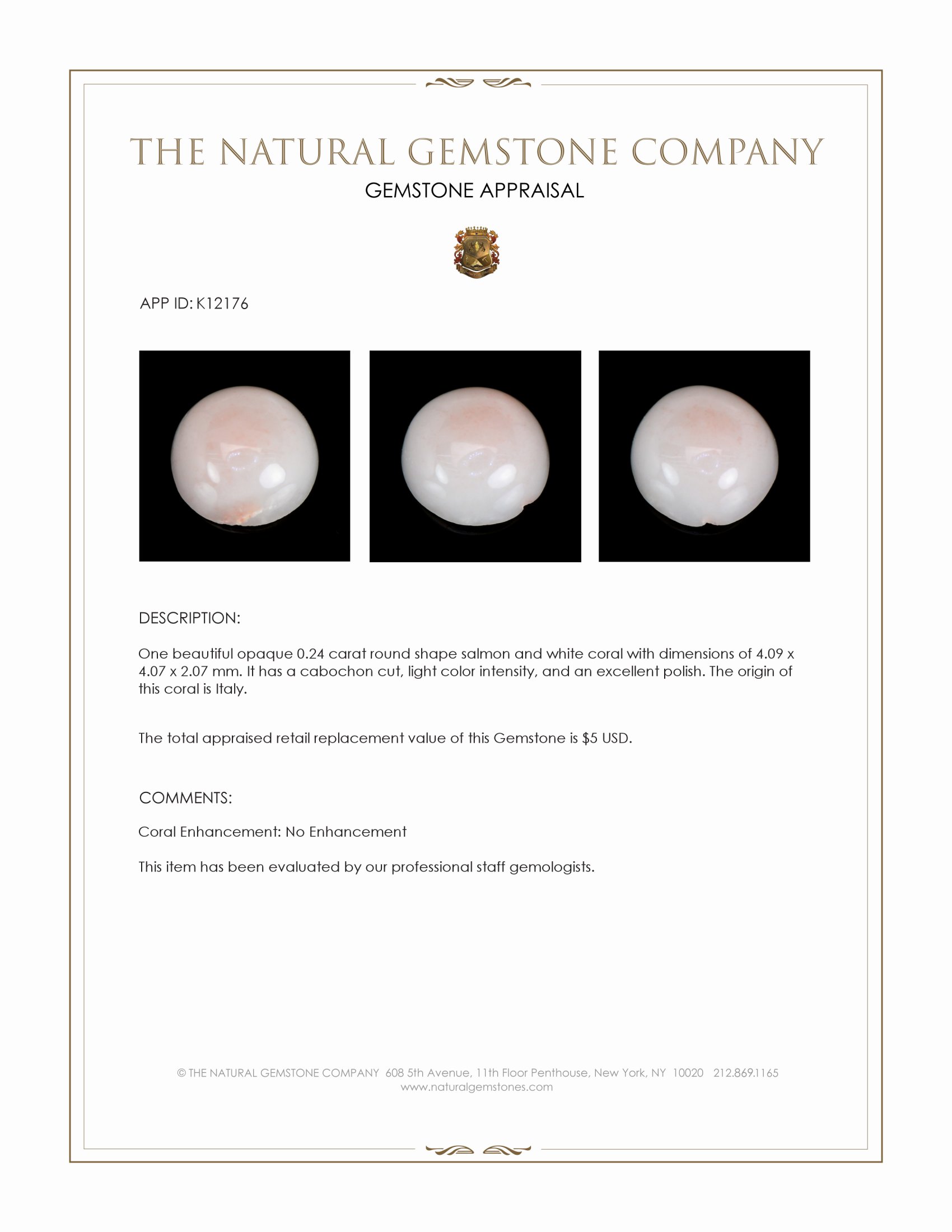 0.24 Ct. Salmon and White Cabochon Coral from Italy