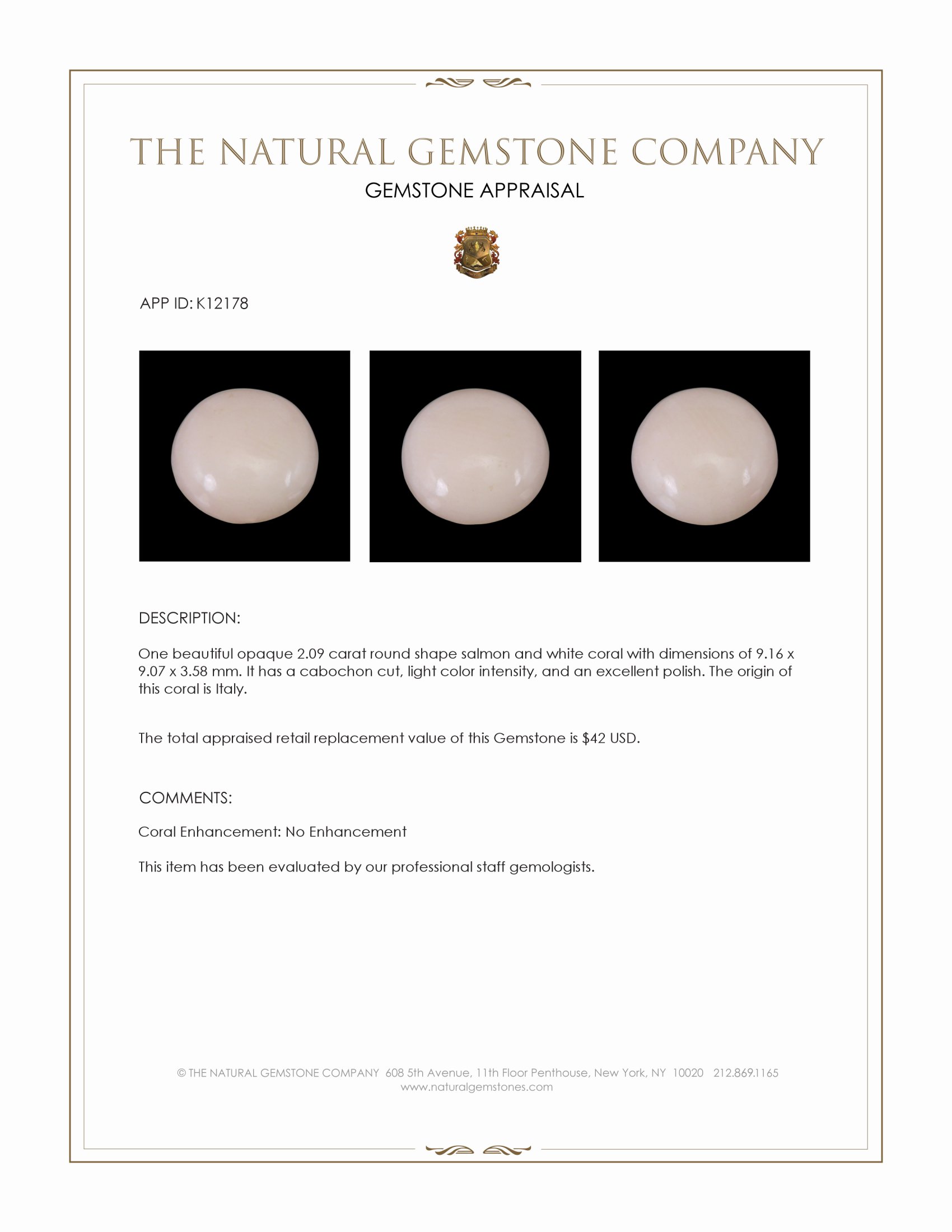 2.09 Ct. Cabochon Coral from Italy