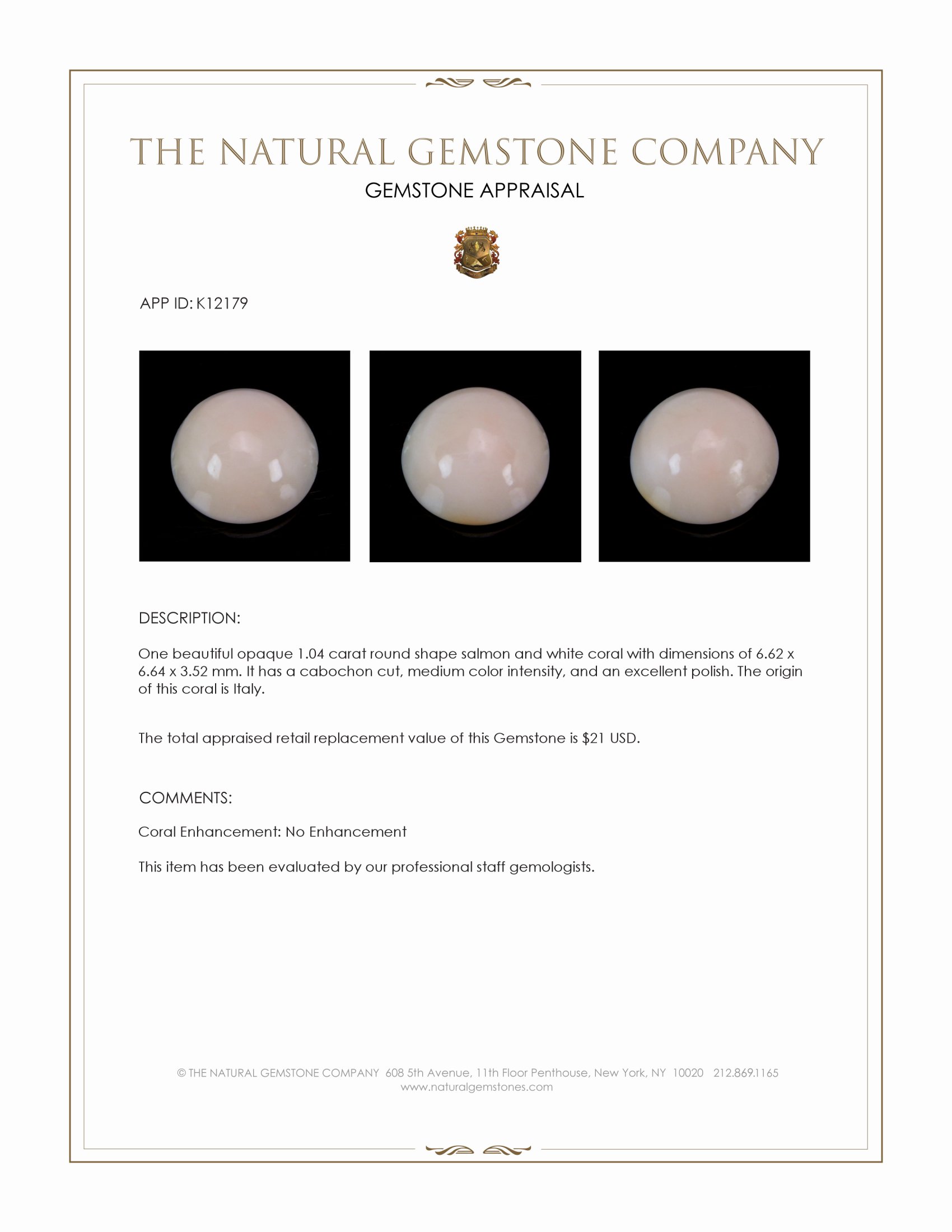 1.04 Ct. Salmon and White Cabochon Coral from Italy