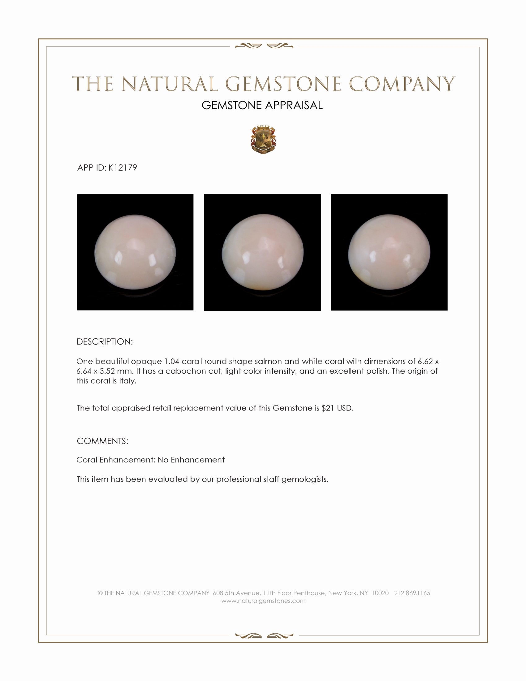 1.04 Ct. Cabochon Coral from Italy