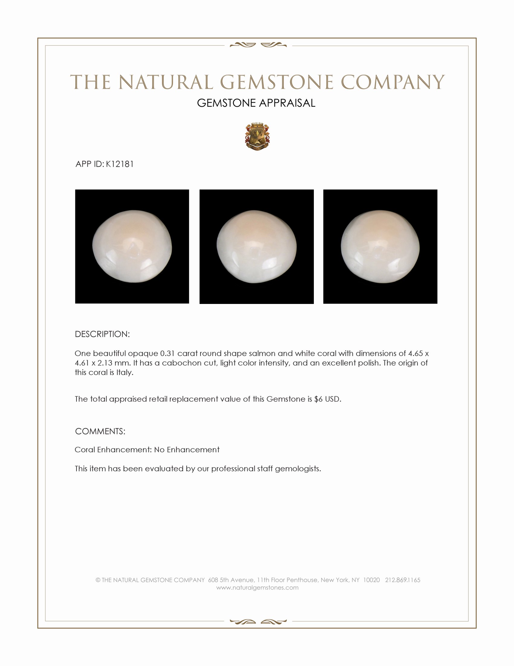 0.31 Ct. Cabochon Coral from Italy