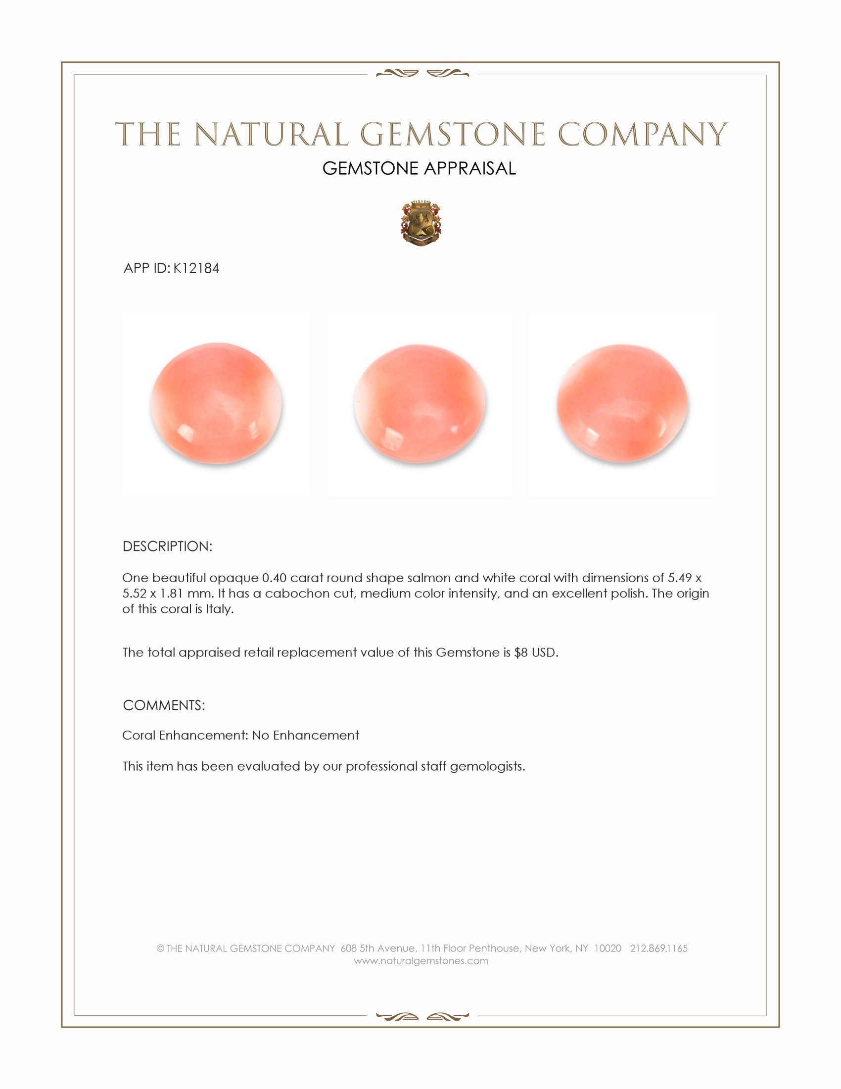 0.40 Ct. Cabochon Coral from Italy