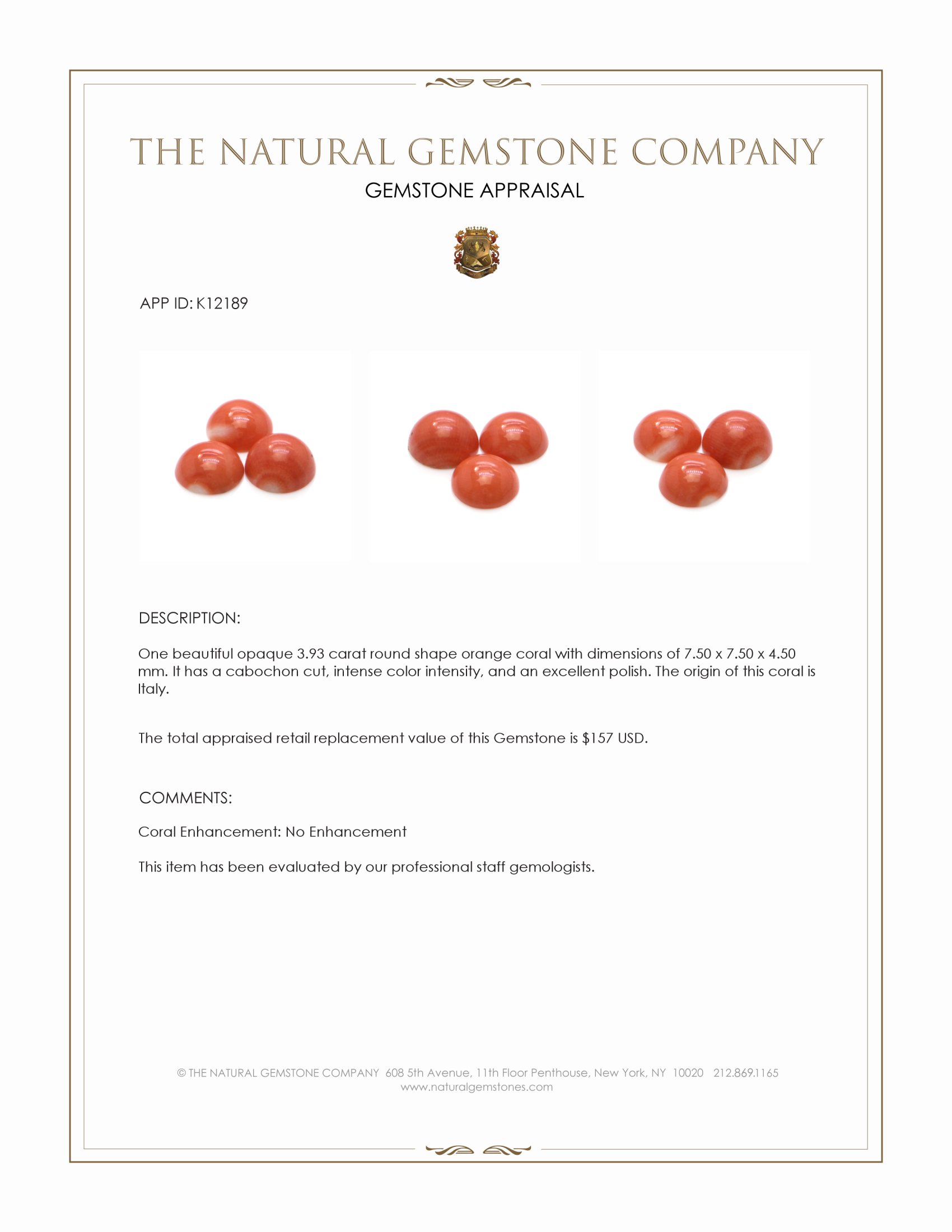 3.93 Ct. Cabochon Coral from Italy