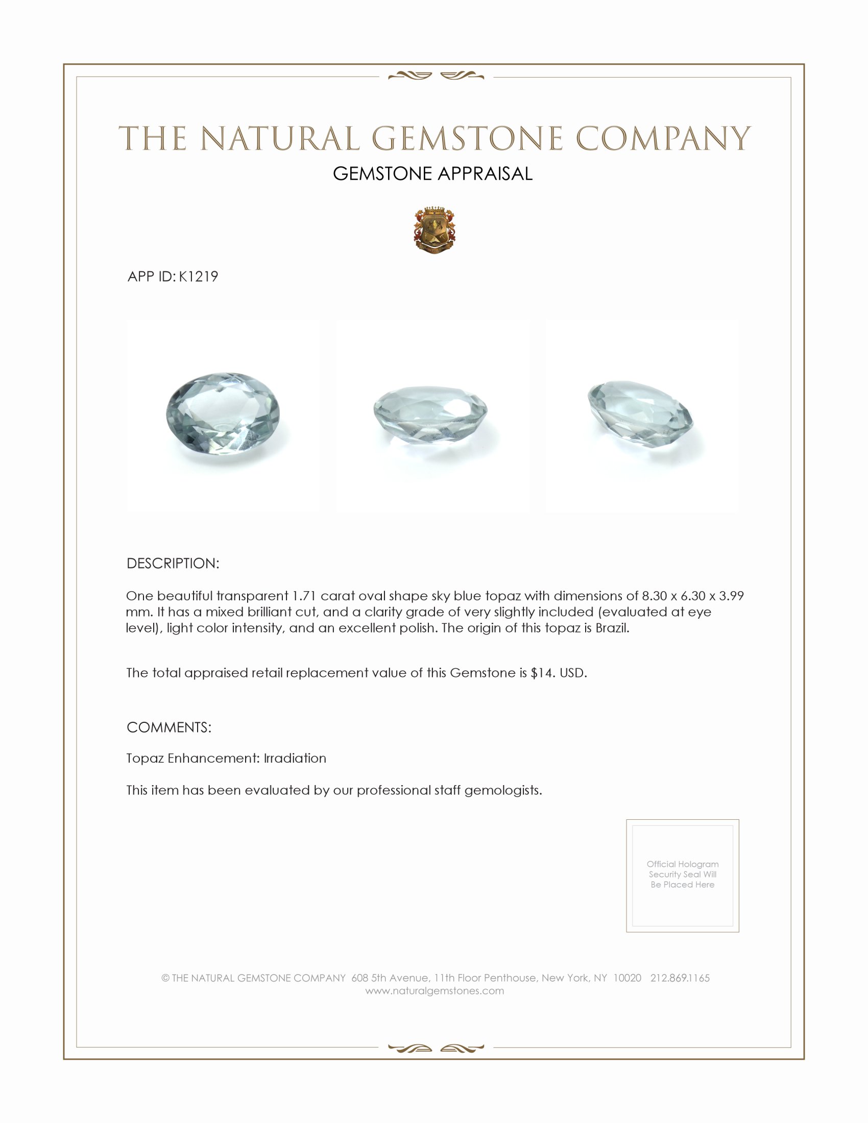 1.71 Ct. Topaz from Brazil