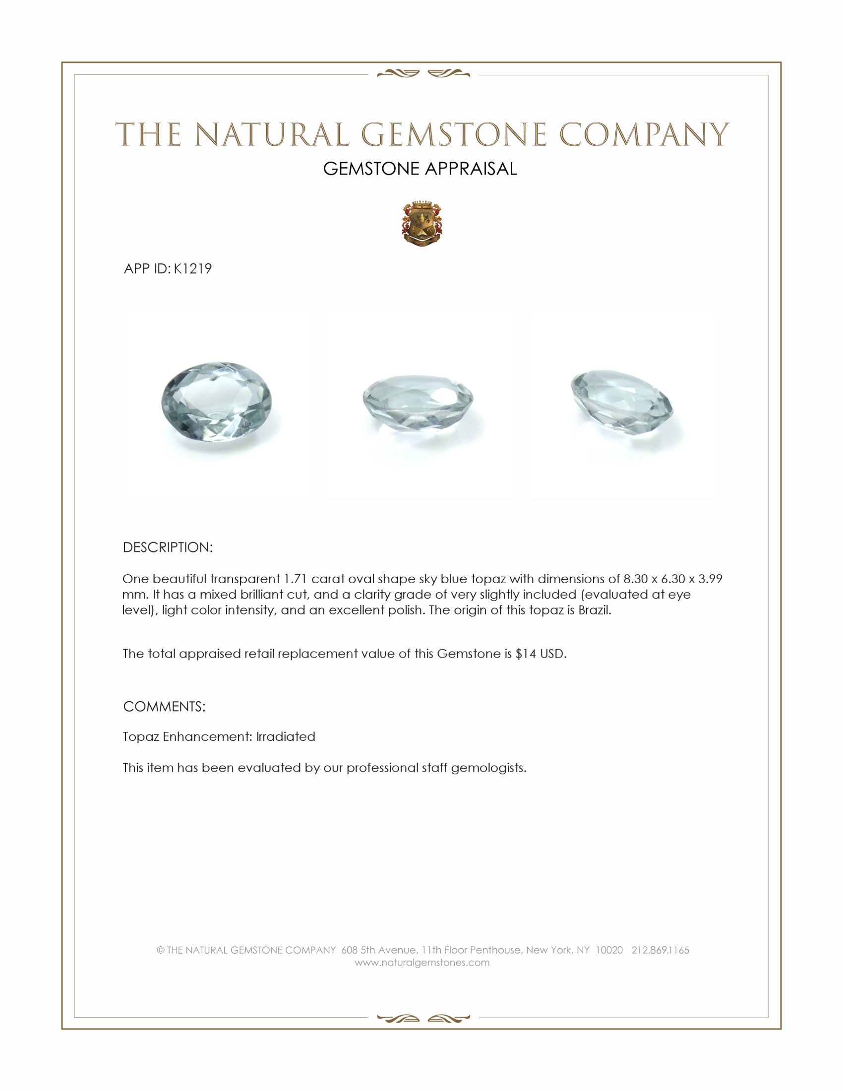 1.71 Ct. Sky Blue Topaz from Brazil