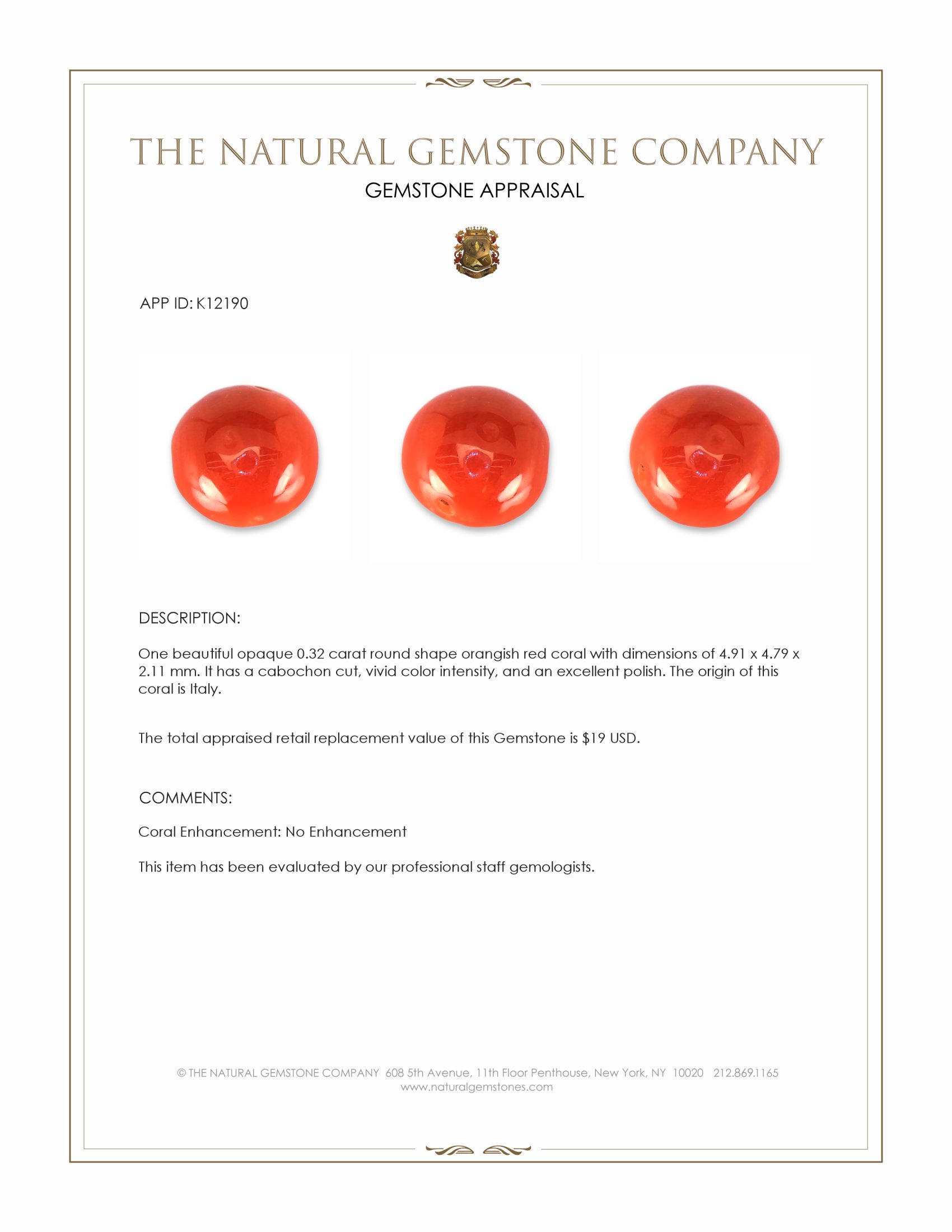 0.32 Ct. Salmon (Orangish Red) Cabochon Coral from Italy