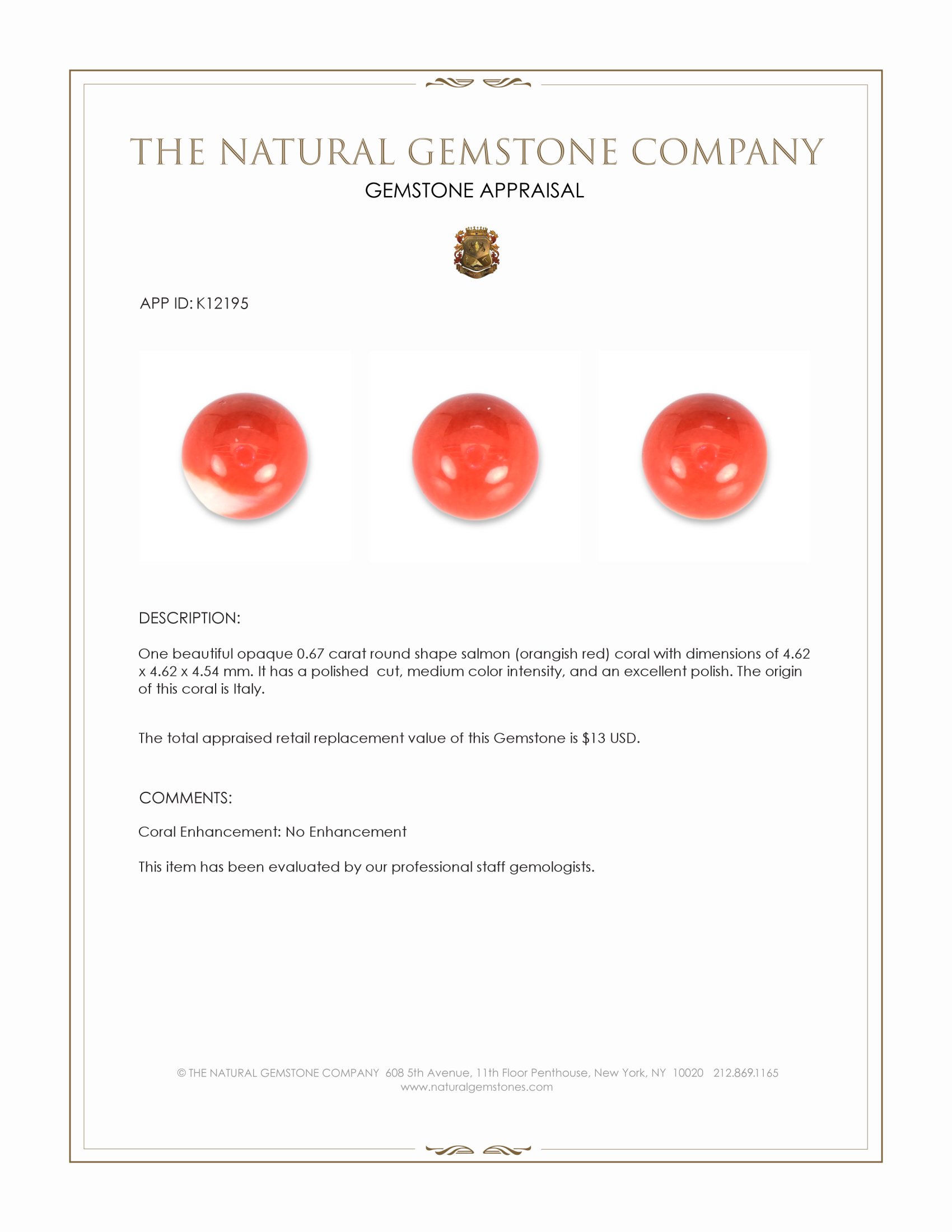 0.67 Ct. Salmon (Orangish Red) Coral from Italy