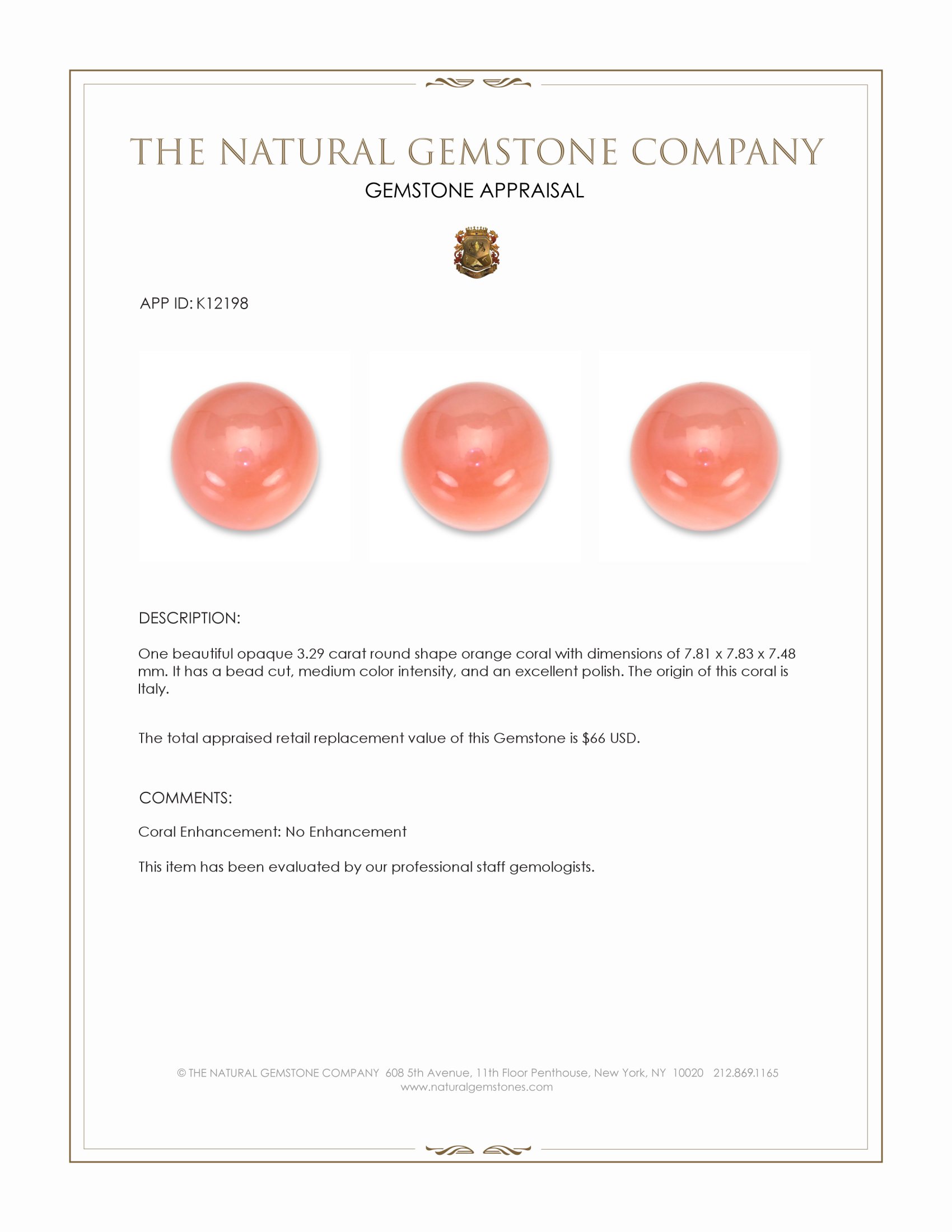 3.29 Ct. Salmon (Orange) Coral from Italy