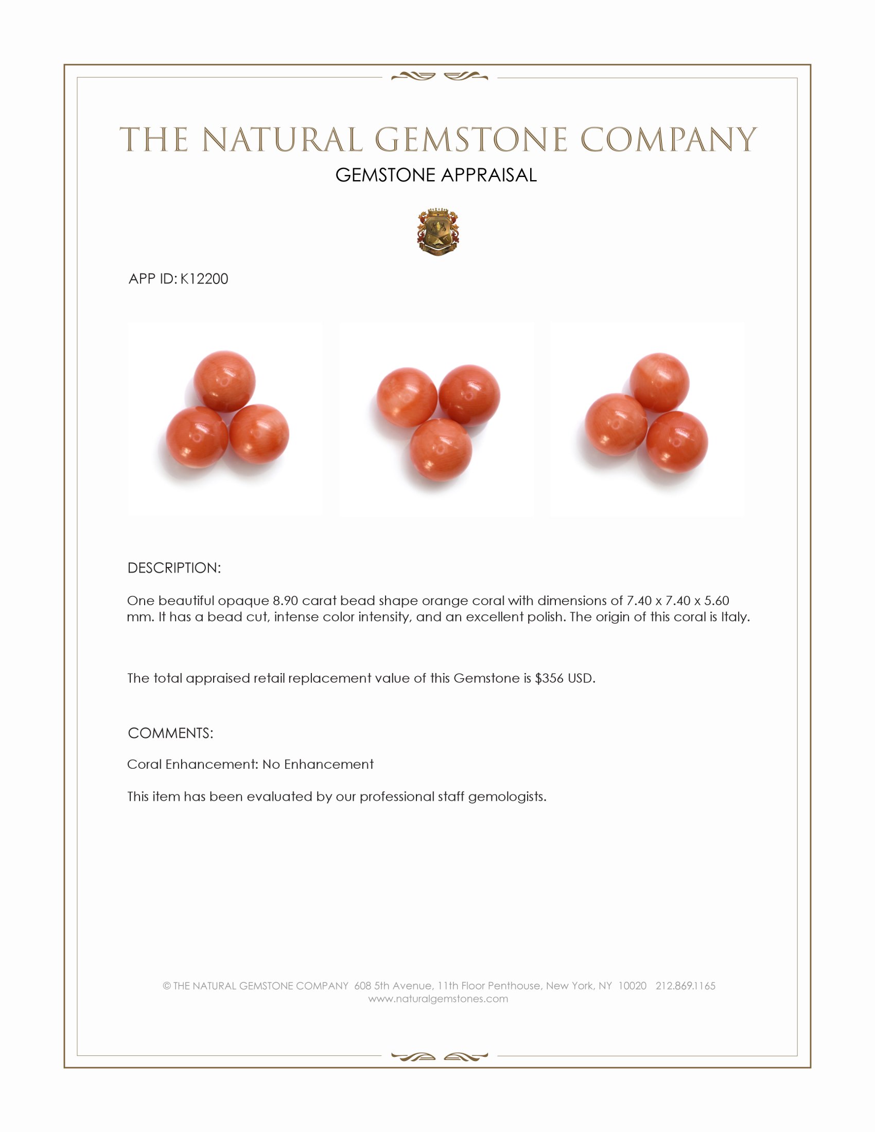 8.90 Ct. Salmon (Orange) Coral from Italy