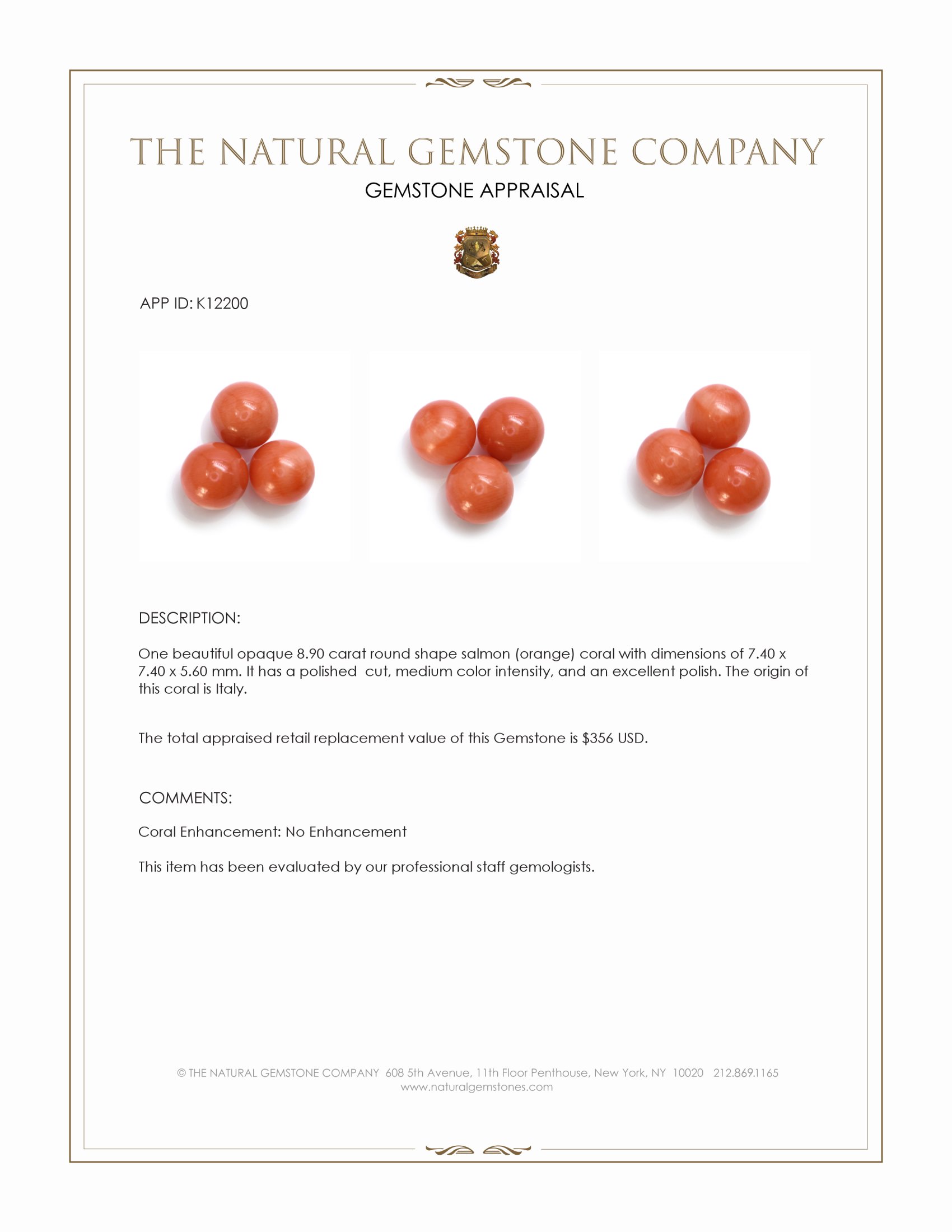 8.90 Ct. Salmon (Orange) Coral from Italy