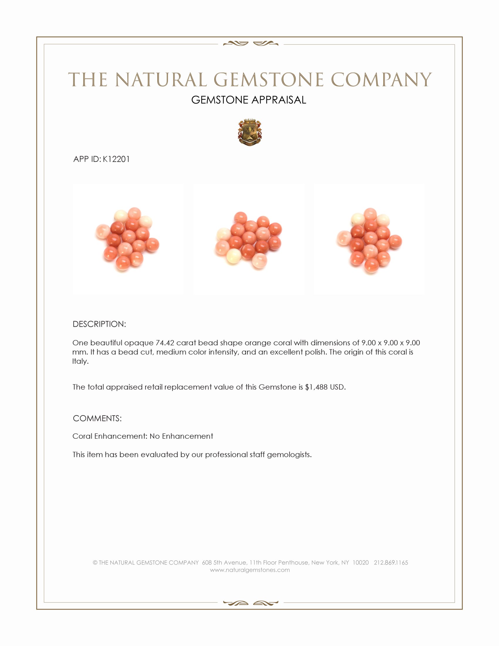 74.42 Ct. Salmon (Orange) Coral from Italy