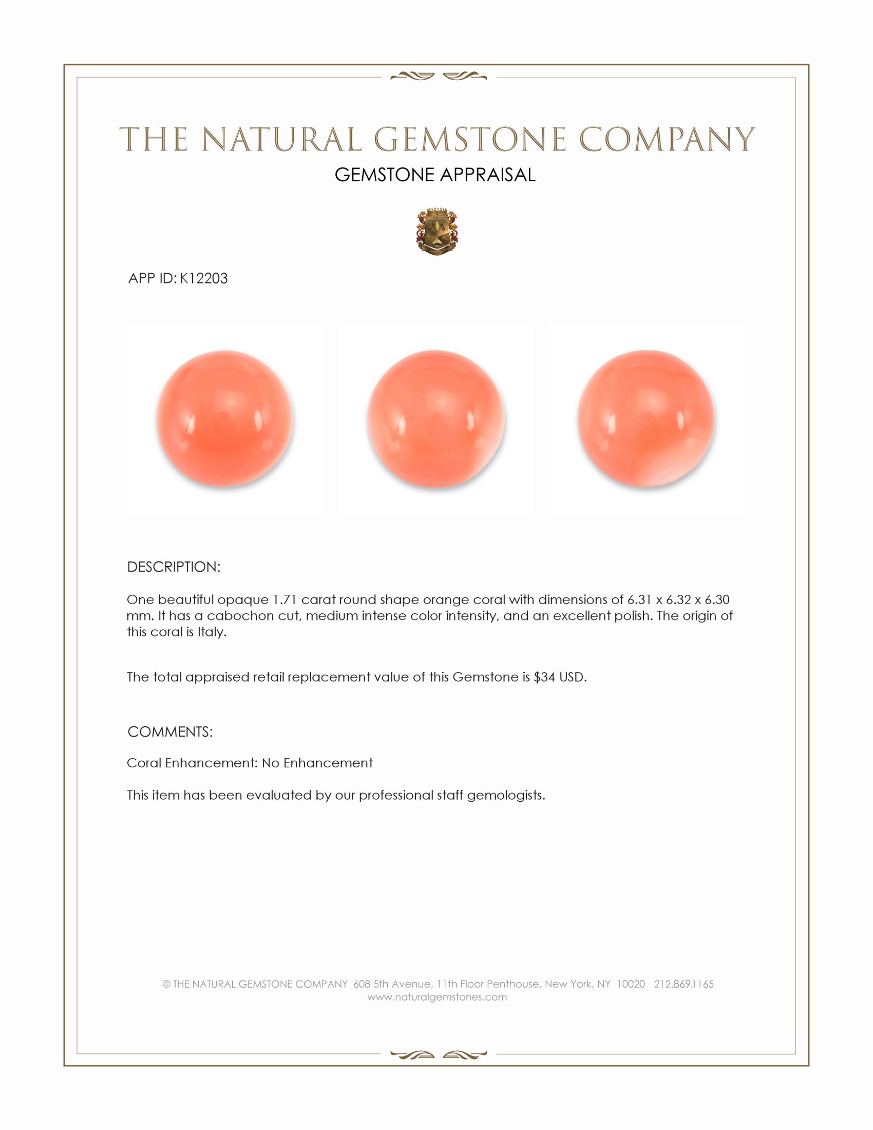 1.71 Ct. Cabochon Coral from Italy