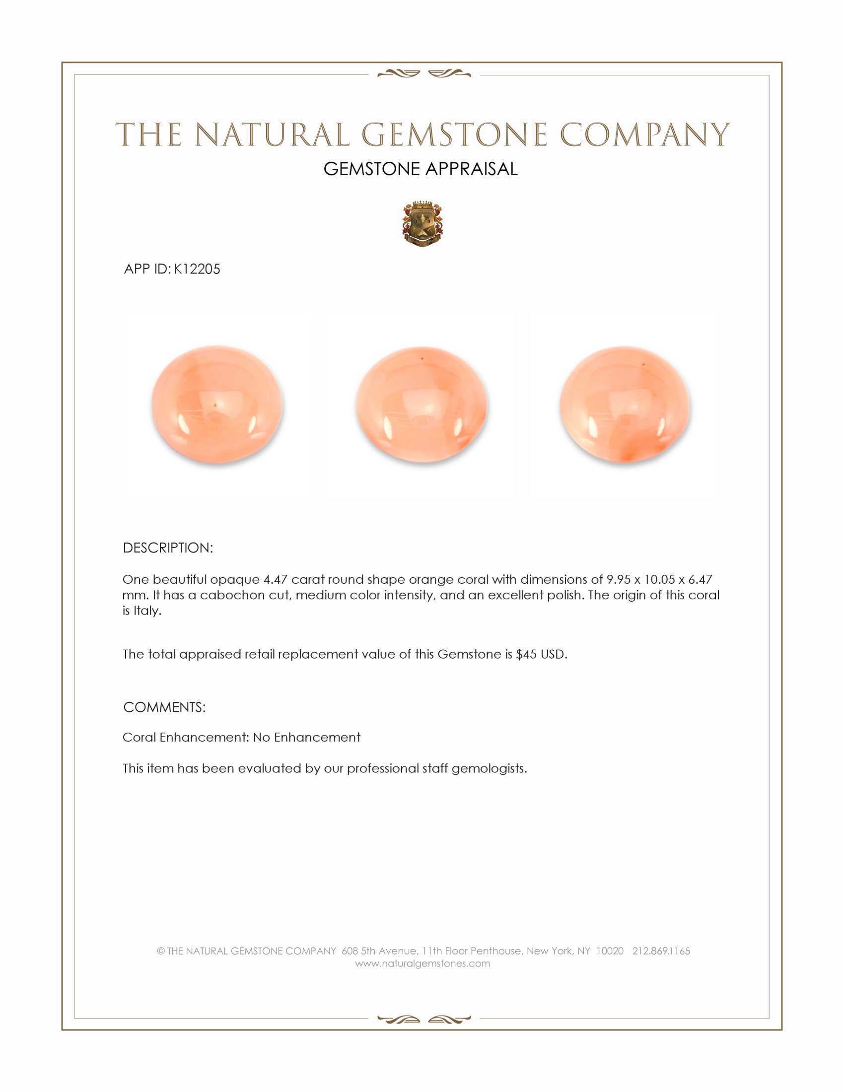 4.47 Ct. Cabochon Coral from Italy