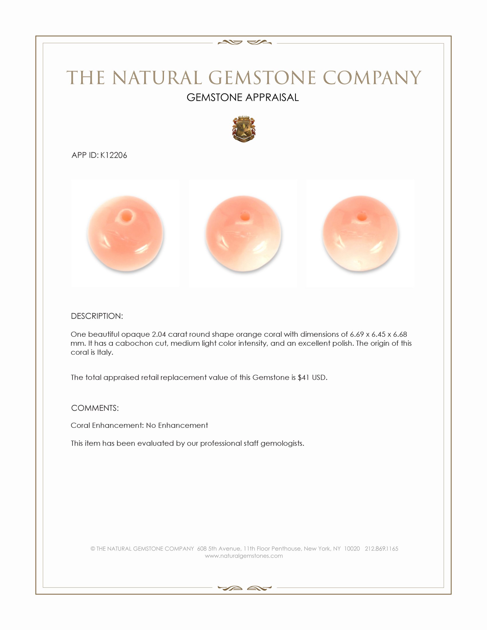 2.04 Ct. Cabochon Coral from Italy