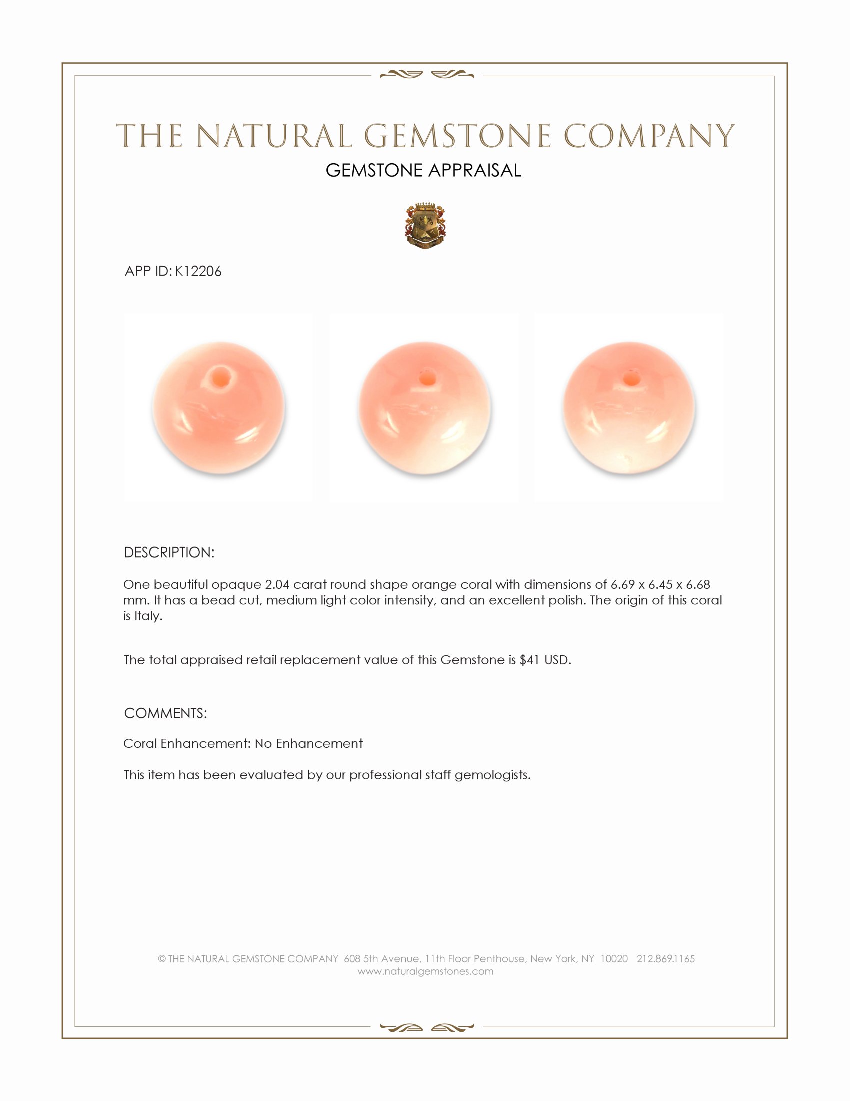 2.04 Ct. Coral from Italy