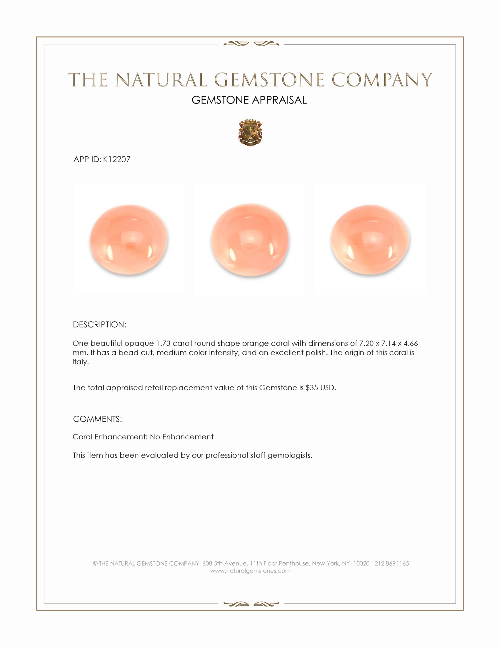 1.73 Ct. Coral from Italy